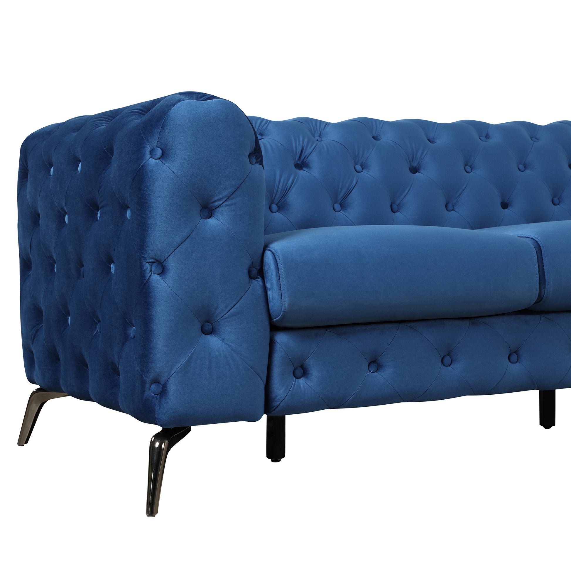 85.5" Velvet Upholstered Sofa With Sturdy Metal Legs,Modern Sofa Couch With Button Tufted Back, 3 Seater Sofa Couch For Living Room,Apartment,Home Office,Blue Blue Foam Velvet