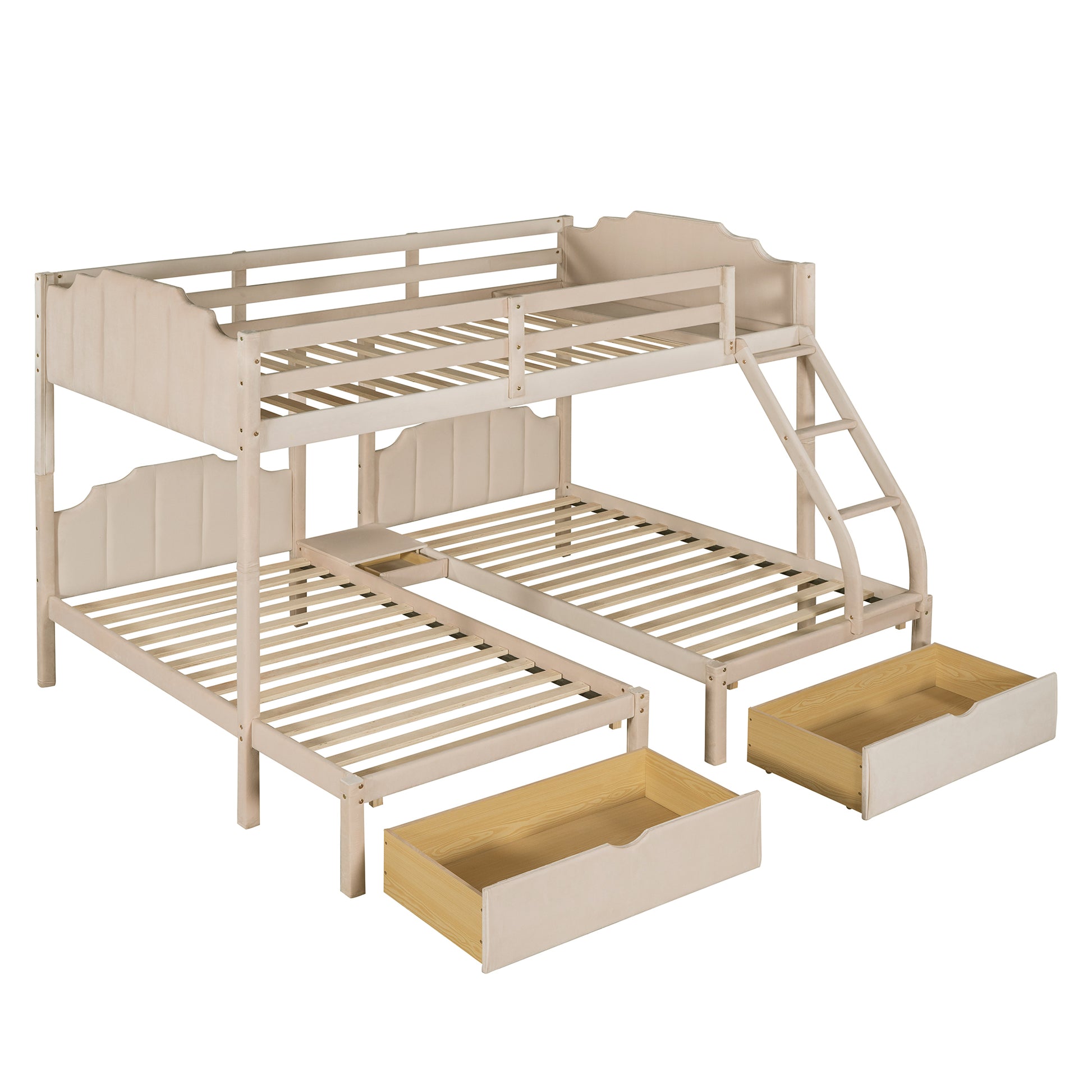 Full Over Twin & Twin Bunk Bed, Velvet Triple Bunk Bed With Drawers And Guardrails, Beige Beige Velvet