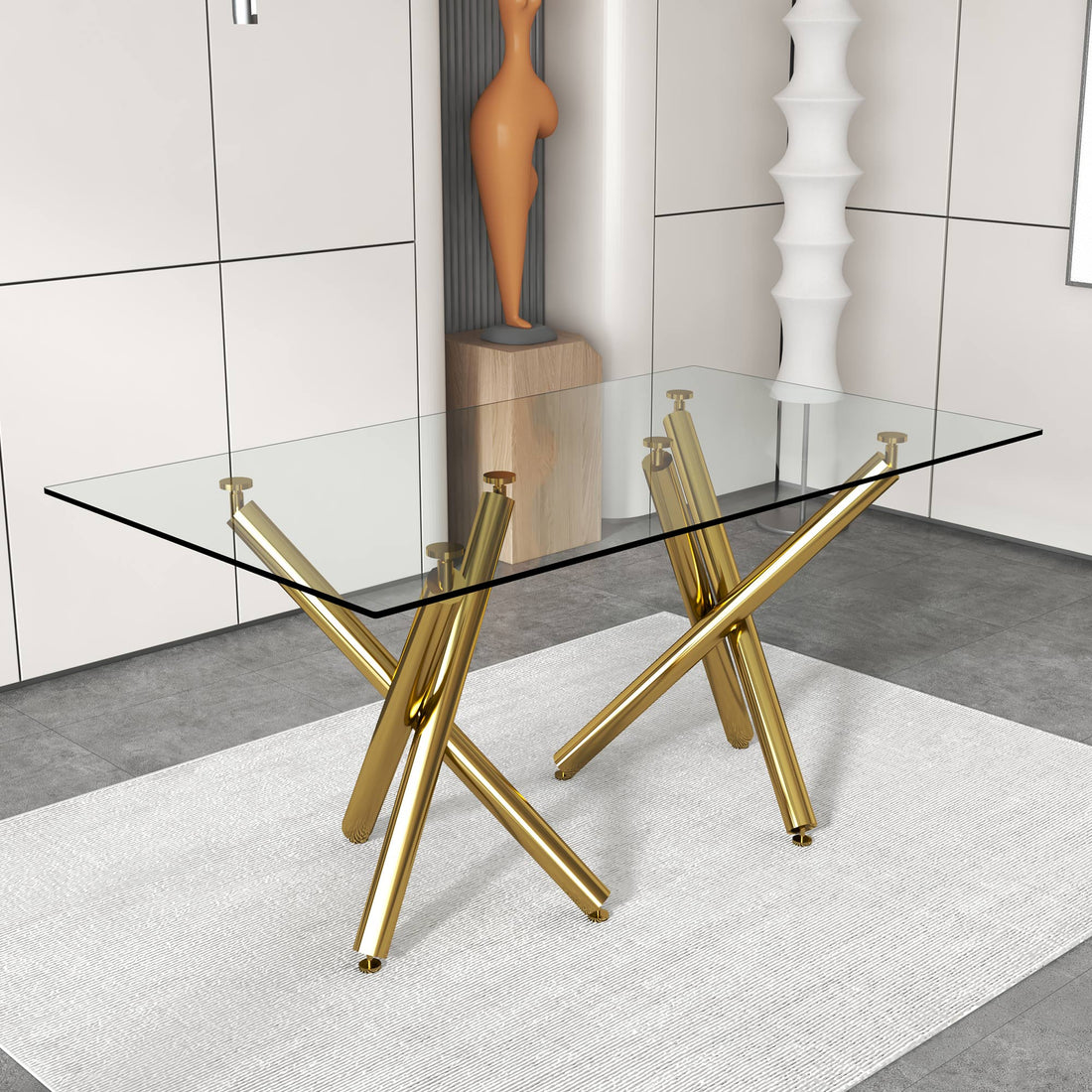 Large Modern Minimalist Rectangular Glass Dining Table For 6 8 With 0.39"Tempered Glass Tabletop And Golden Metal Legs,Kitchen Dining Living Meeting Room Banquet Hall, 71" X 35.4" X 30" 1538 Golden