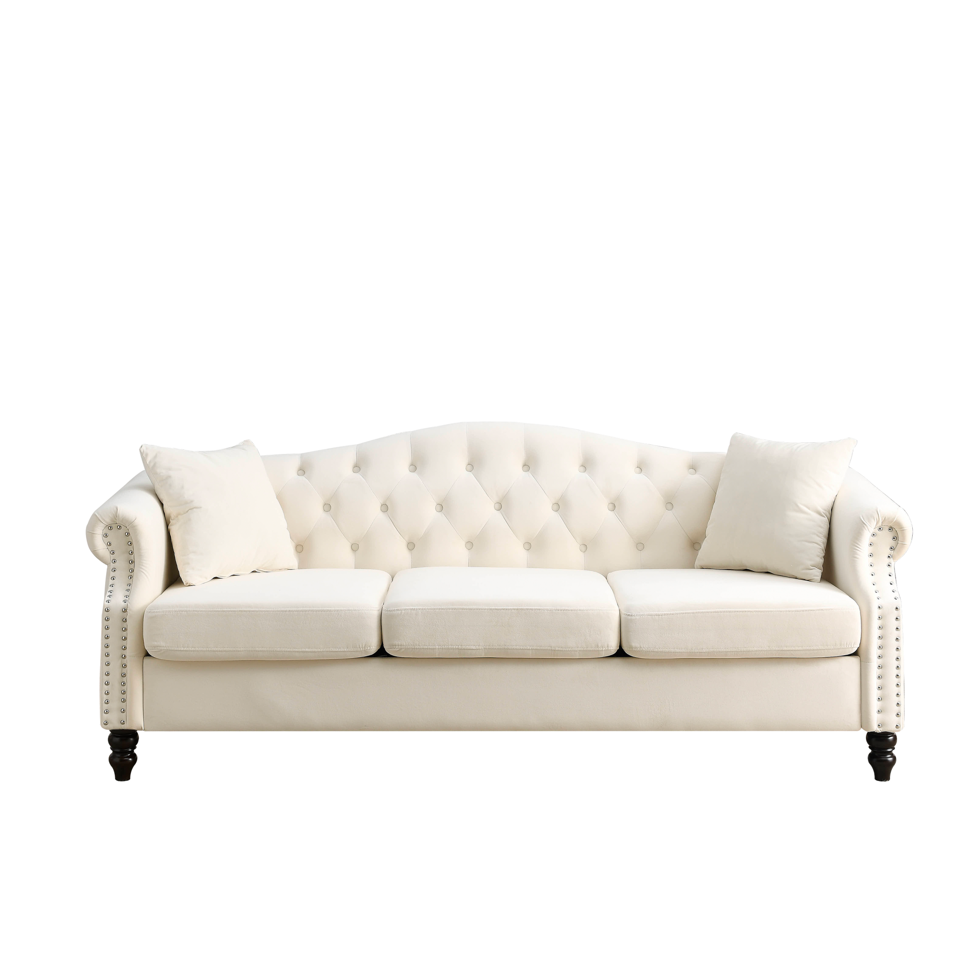 Video 79" Chesterfield Sofa Beige Velvet For Living Room, 3 Seater Sofa Tufted Couch With Rolled Arms And For Living Room, Bedroom, Office, Apartment, Two Pillows Beige Foam Velvet