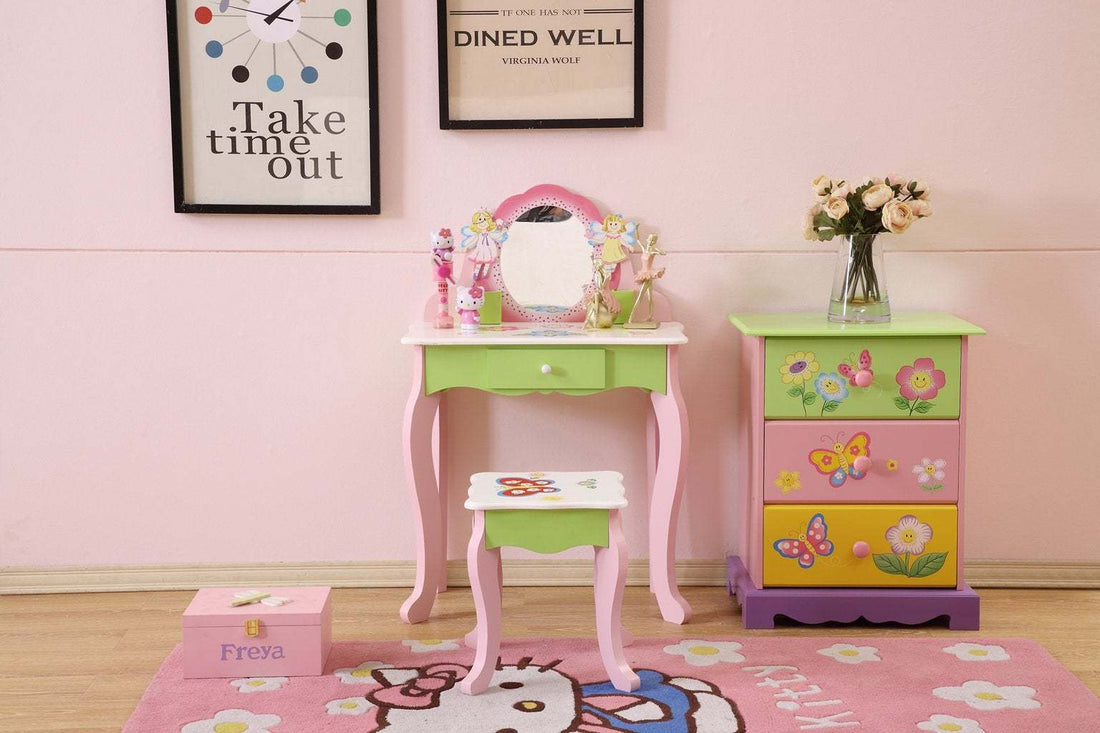 Layla Girls Flower Vanity Set With Stool Green Mdf