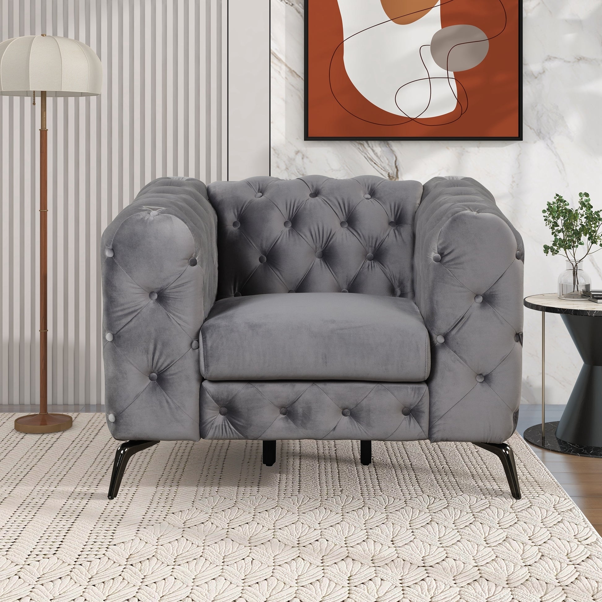 40.5" Velvet Upholstered Accent Sofa,Modern Single Sofa Chair With Button Tufted Back,Modern Single Couch For Living Room,Bedroom,Or Small Space,Gray Gray Foam Velvet