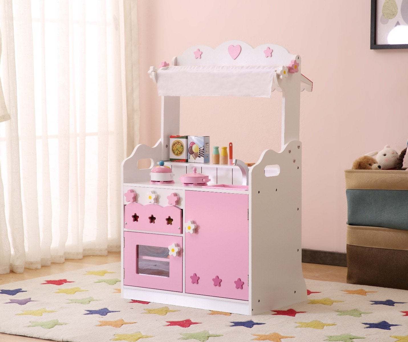 2 In 1 Pink Pretend Kitchen And Market Stal Pink Mdf