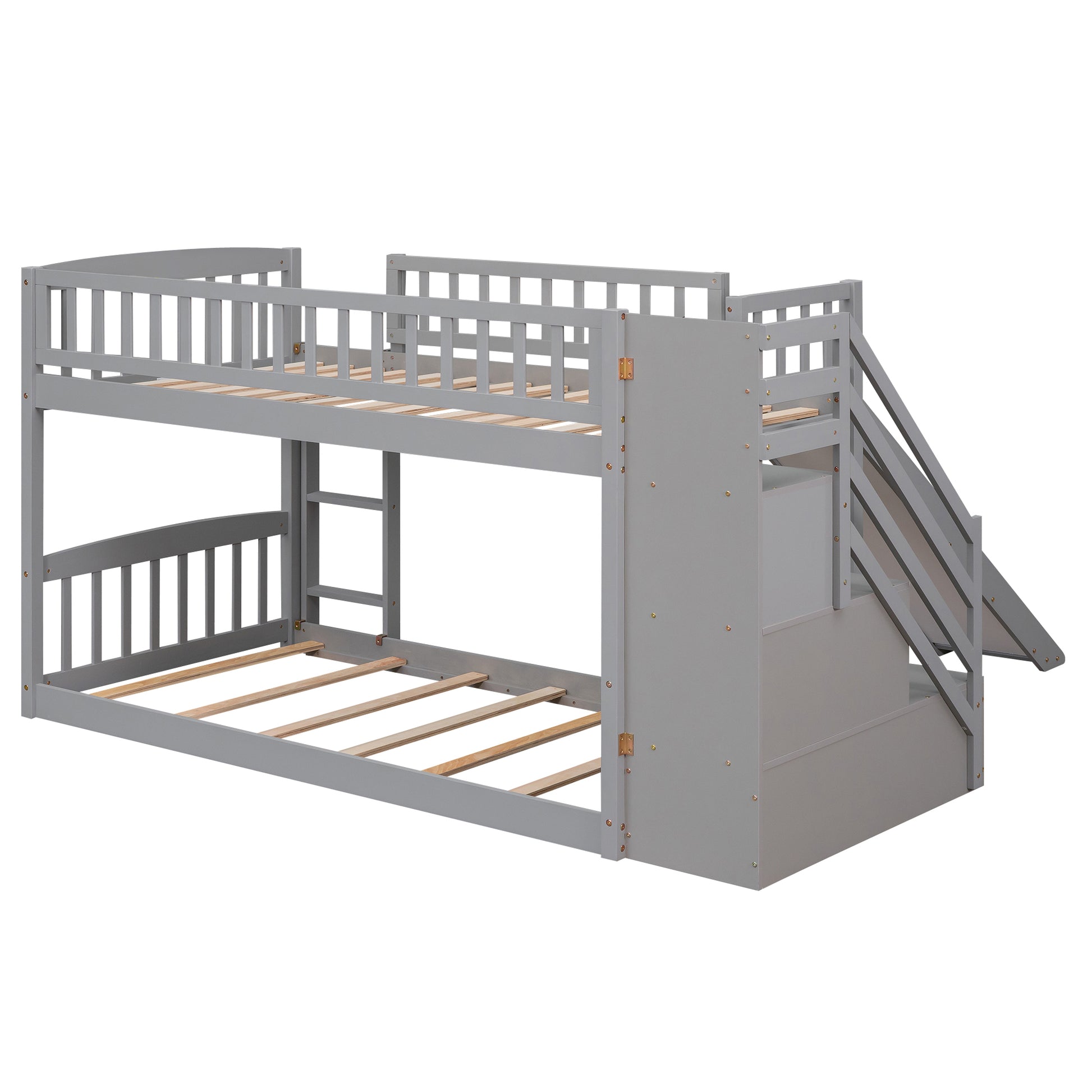 Stairway Twin Over Twin Bunk Bed With Two Drawers And Slide, Gray Old Sku :Lt000155Aae Gray Solid Wood