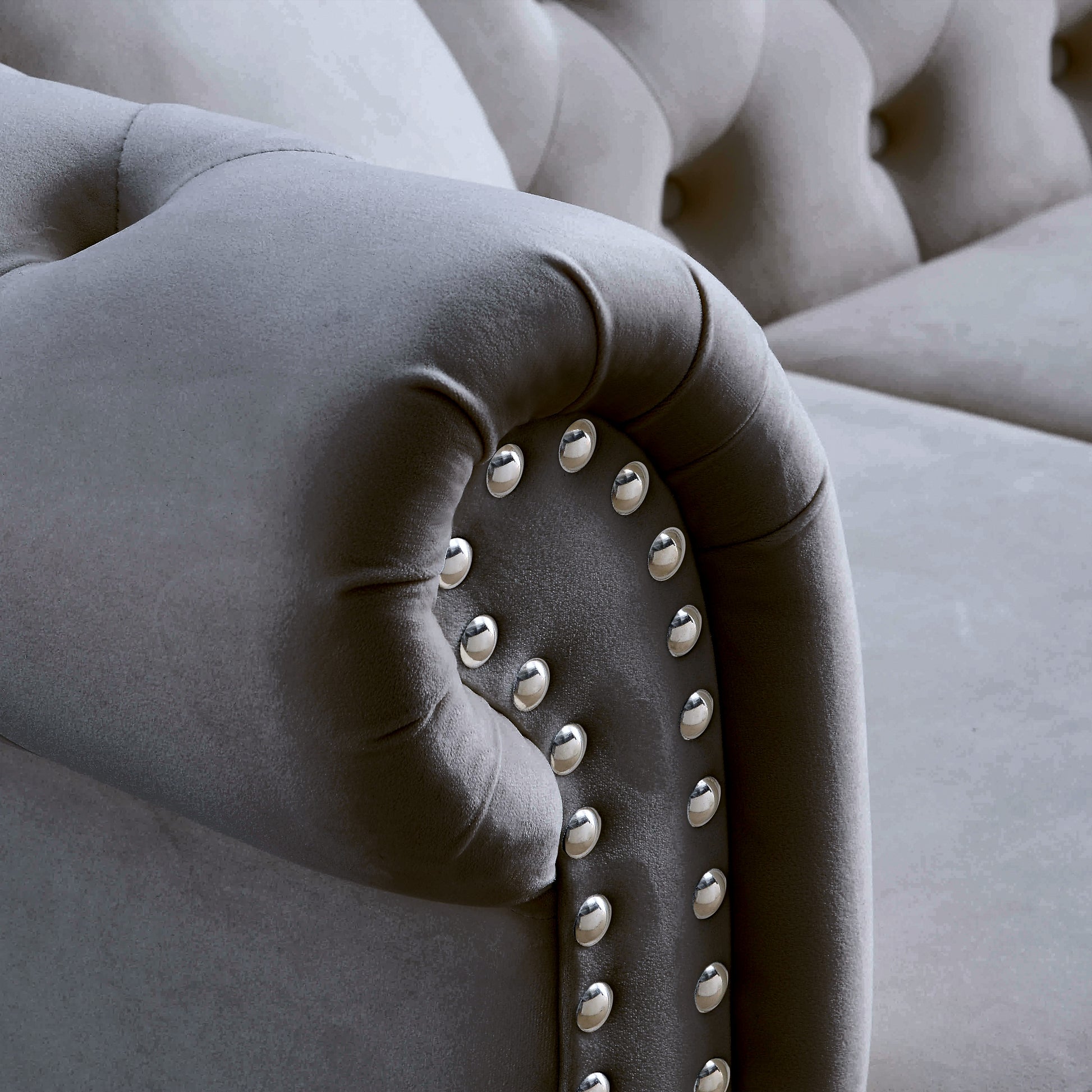 Video 80" Chesterfield Sofa Grey Velvet For Living Room, 3 Seater Sofa Tufted Couch With Rolled Arms And For Living Room, Bedroom, Office, Apartment, Two Pillowsw834S00009 Grey Foam Velvet