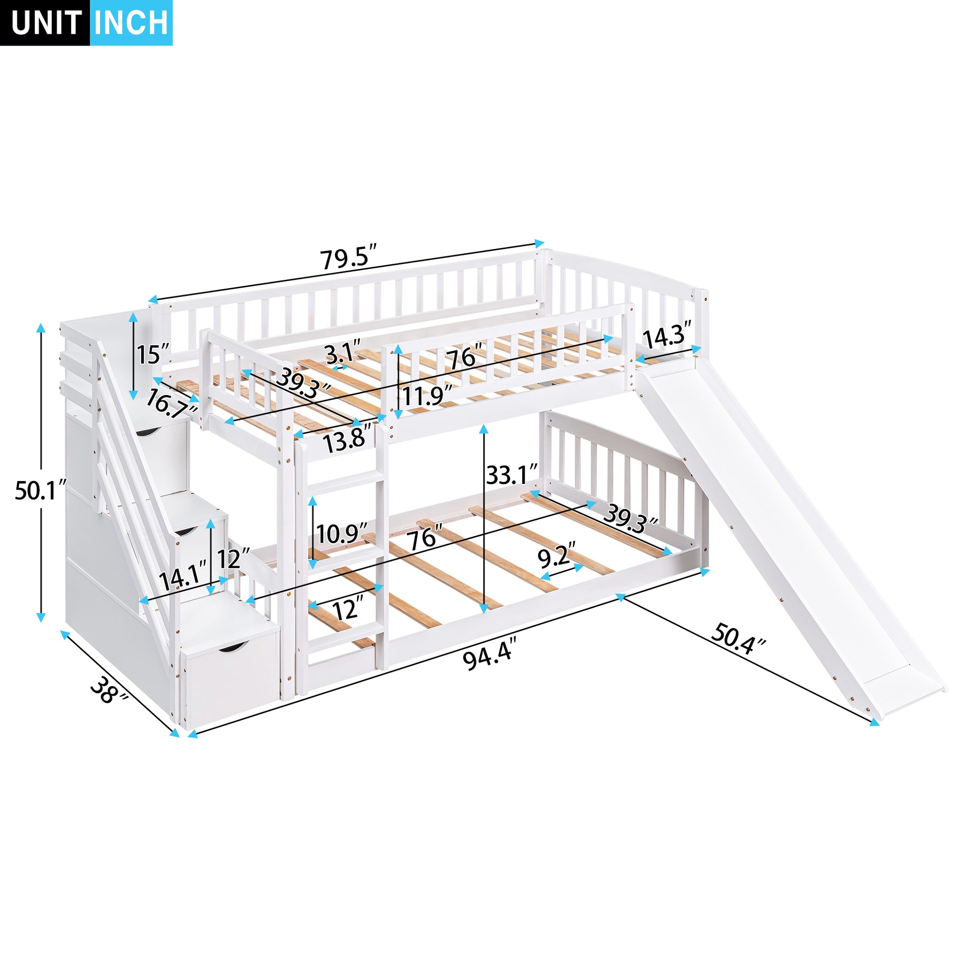 Stairway Twin Over Twin Bunk Bed With Two Drawers And Slide, White Old Sku :Lt000155Aak White Solid Wood