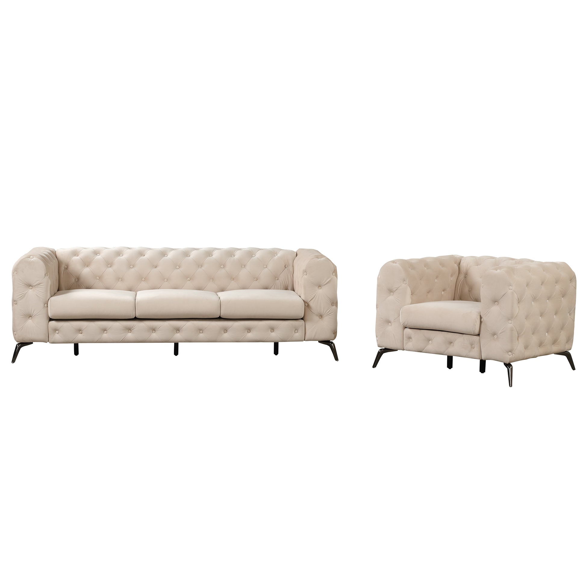 Modern 3 Piece Sofa Sets With Sturdy Metal Legs,Velvet Upholstered Couches Sets Including Three Seat Sofa, Loveseat And Single Chair For Living Room Furniture Set,Beige Beige Foam Velvet