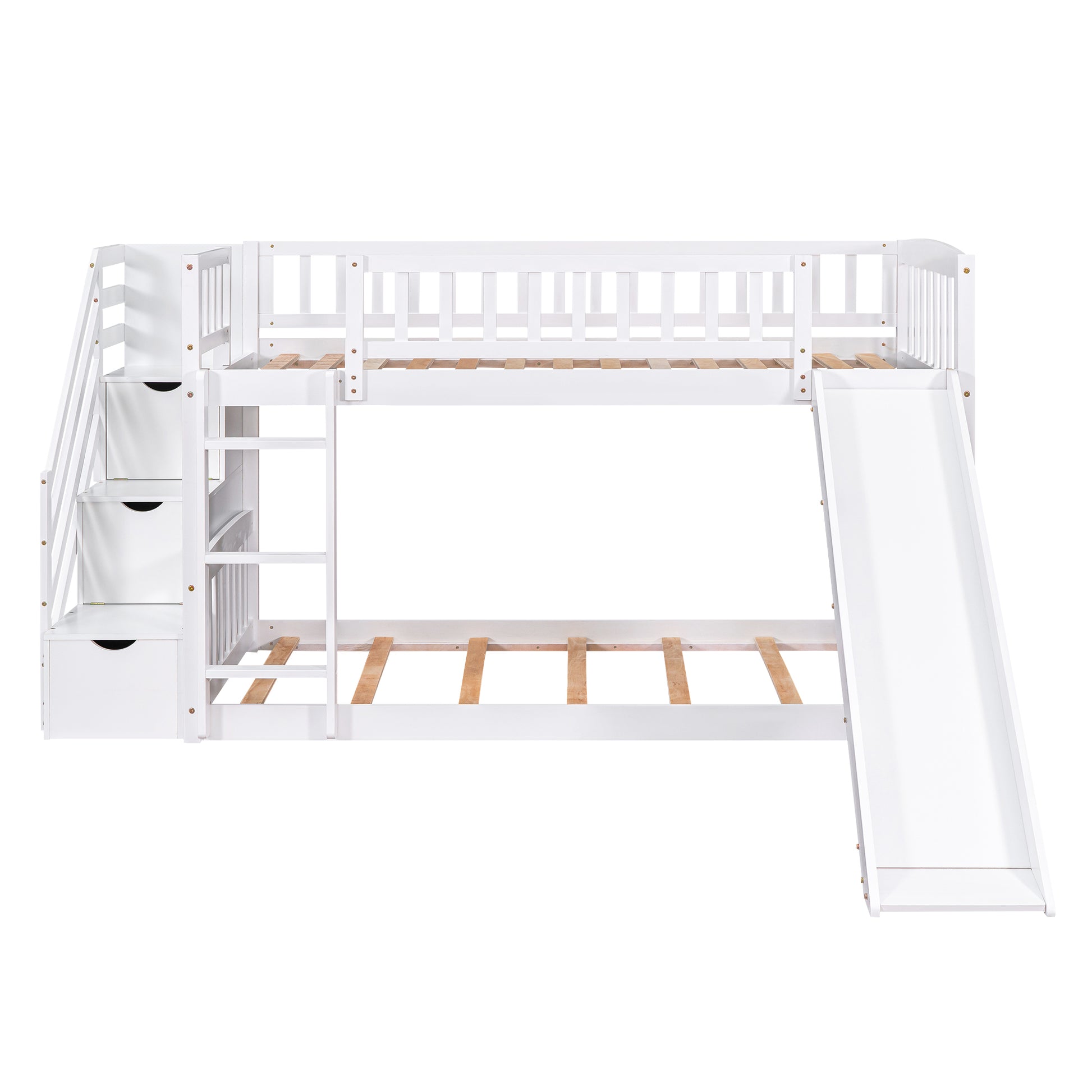 Stairway Twin Over Twin Bunk Bed With Two Drawers And Slide, White Old Sku :Lt000155Aak White Solid Wood