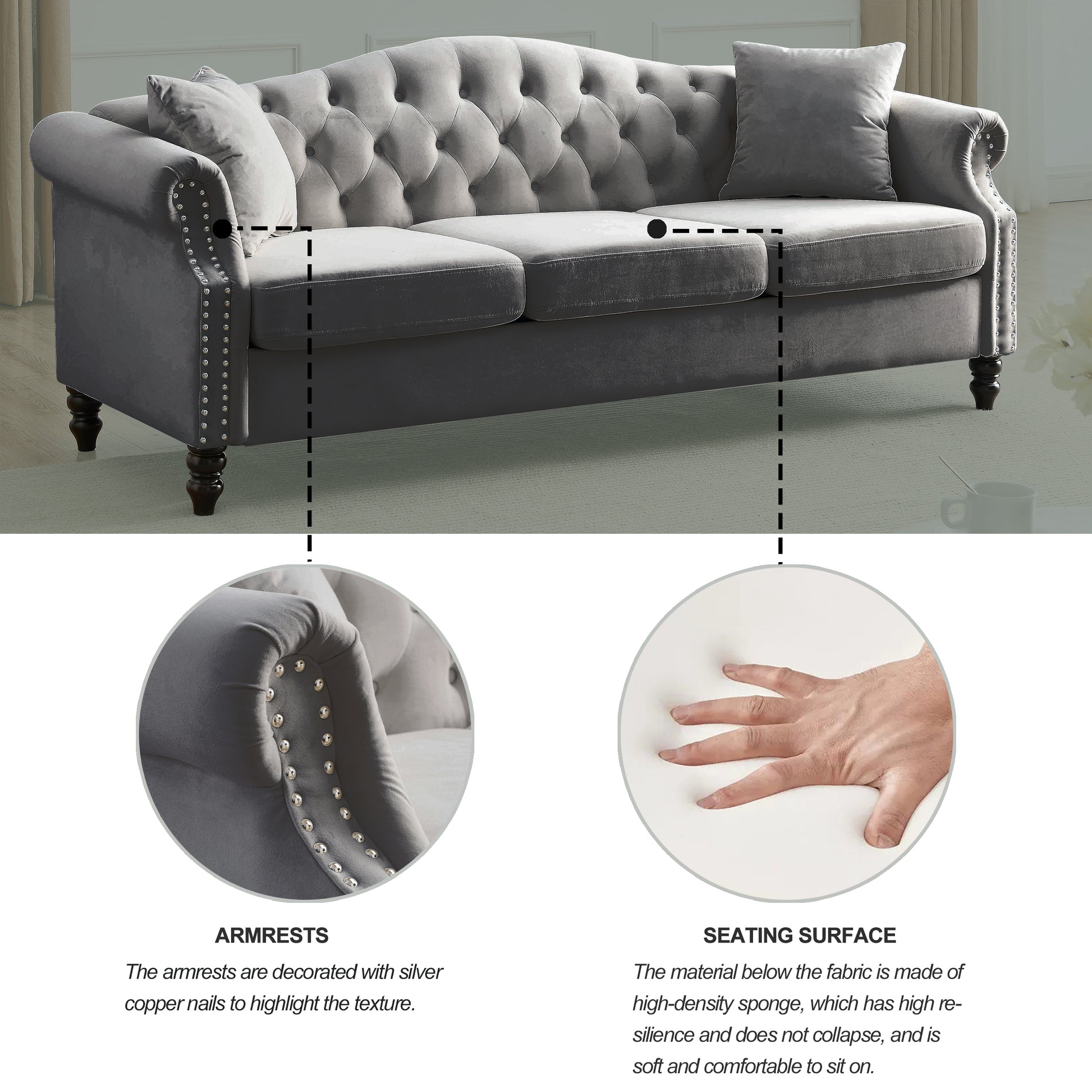 Video 79" Chesterfield Sofa Grey Velvet For Living Room, 3 Seater Sofa Tufted Couch With Rolled Arms And For Living Room, Bedroom, Office, Apartment, Two Pillowsw834S00012 Grey Foam Velvet