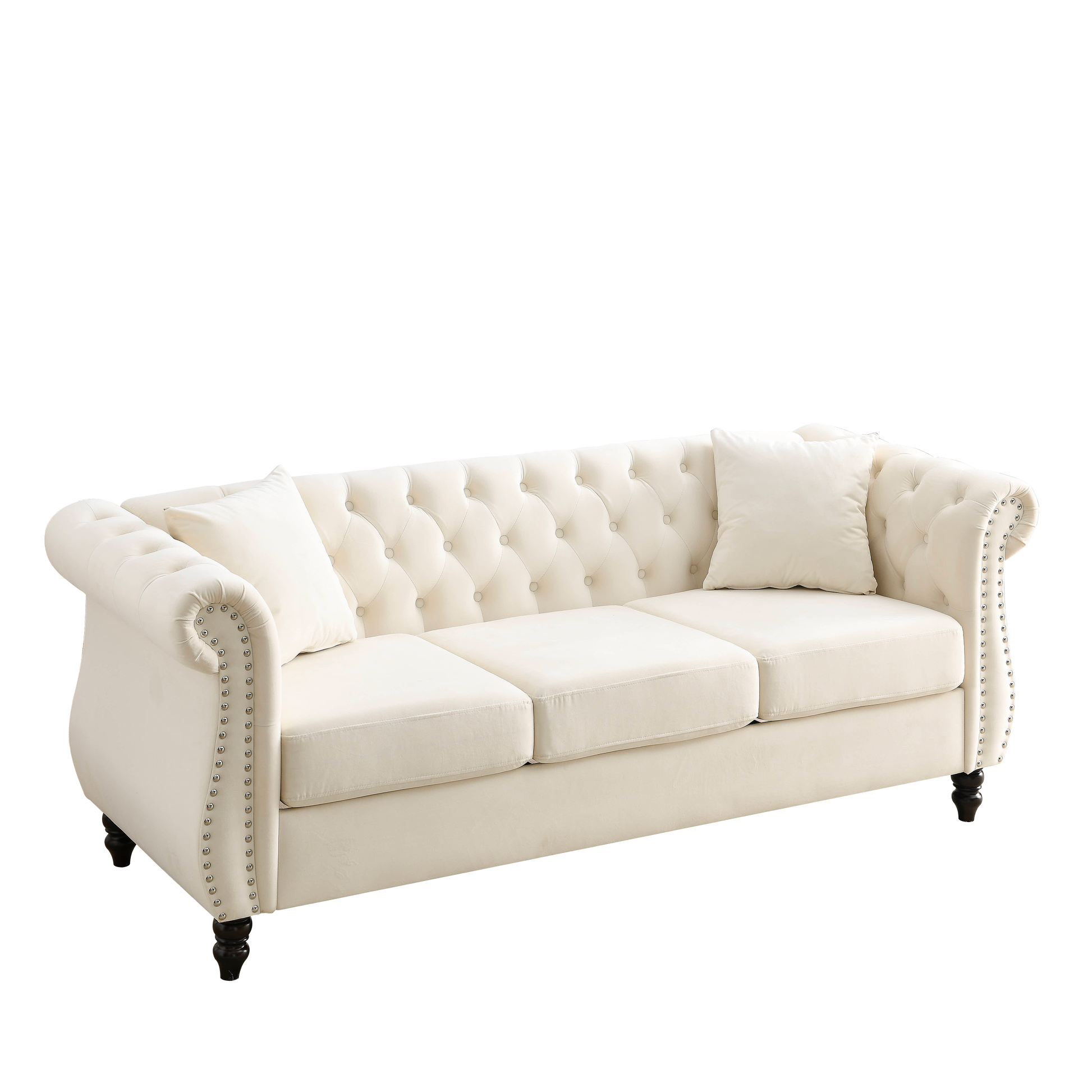 Video 80" Chesterfield Sofa Beige Velvet For Living Room, 3 Seater Sofa Tufted Couch With Rolled Arms And For Living Room, Bedroom, Office, Apartment, Two Pillowsw834S00008 Beige Foam Velvet