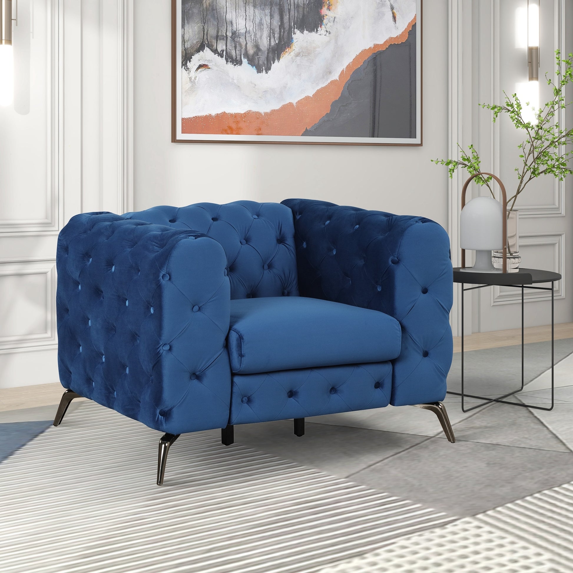 Modern 3 Piece Sofa Sets With Sturdy Metal Legs,Velvet Upholstered Couches Sets Including Three Seat Sofa, Loveseat And Single Chair For Living Room Furniture Set,Blue Blue Foam Velvet 6 Seat