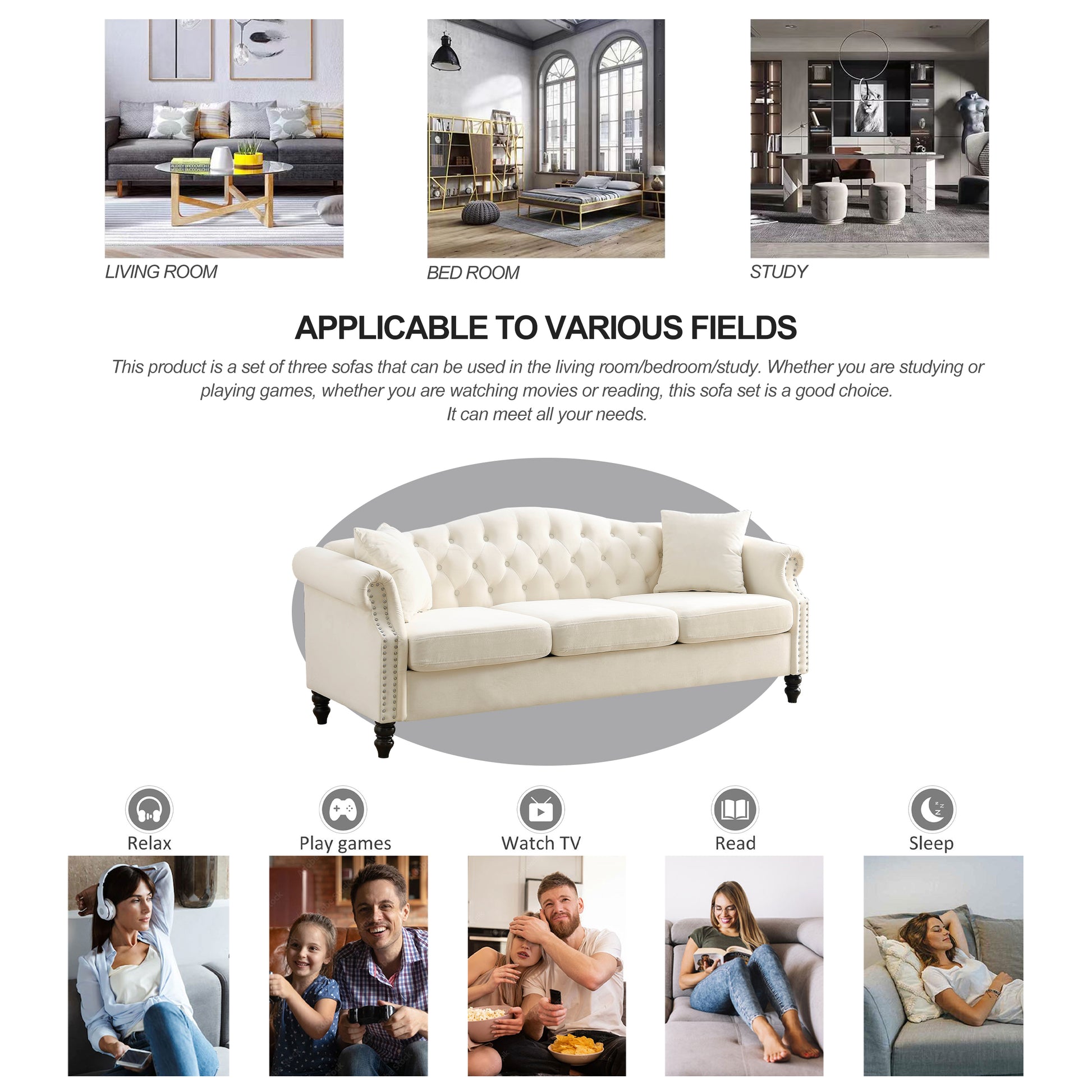 Video 79" Chesterfield Sofa Beige Velvet For Living Room, 3 Seater Sofa Tufted Couch With Rolled Arms And For Living Room, Bedroom, Office, Apartment, Two Pillows Beige Foam Velvet