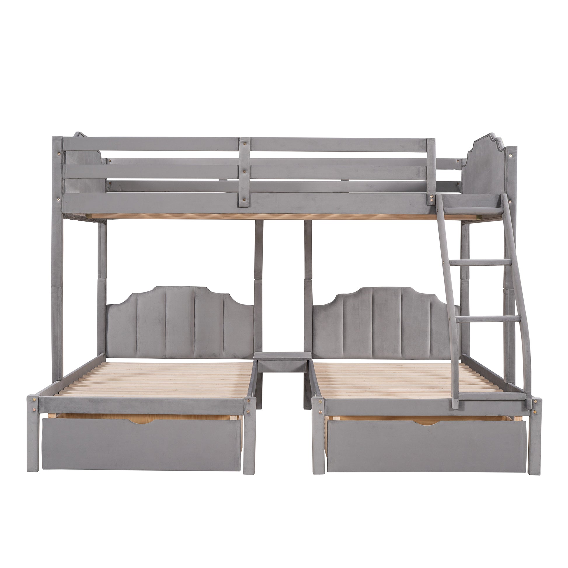 Full Over Twin & Twin Bunk Bed, Velvet Triple Bunk Bed With Drawers And Guardrails, Gray Gray Velvet