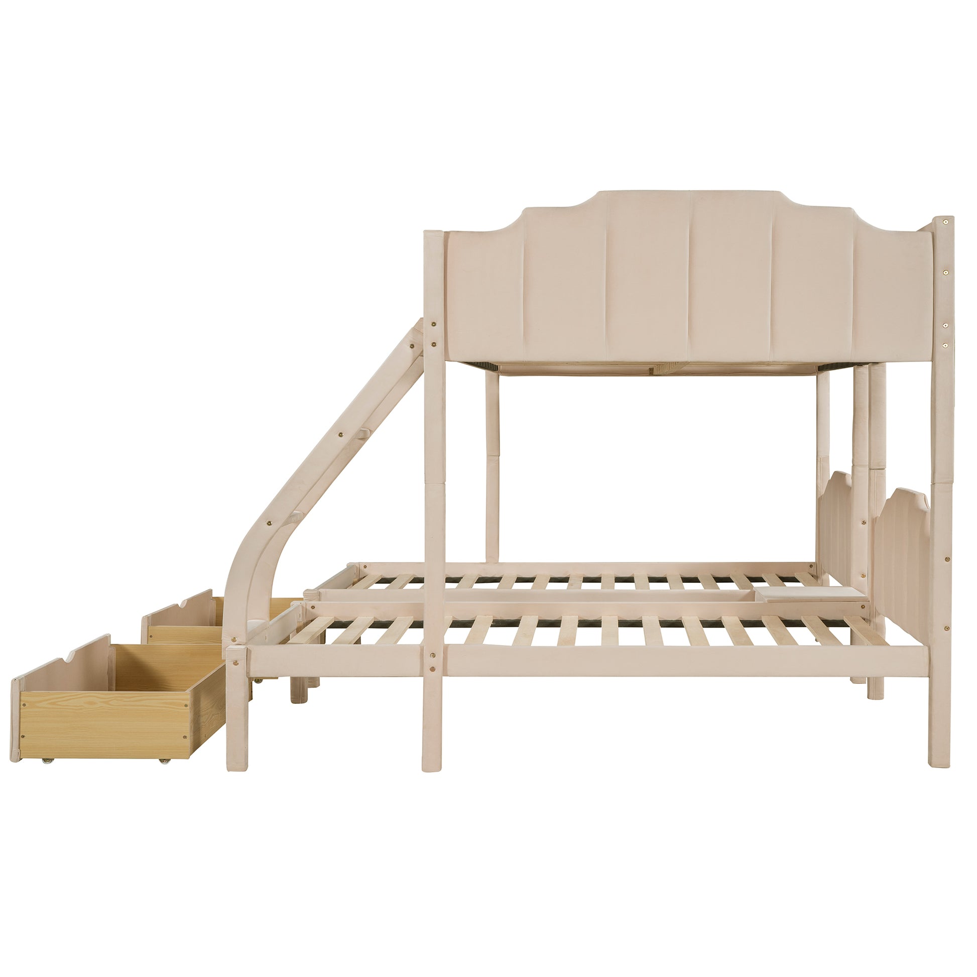 Full Over Twin & Twin Bunk Bed, Velvet Triple Bunk Bed With Drawers And Guardrails, Beige Beige Velvet