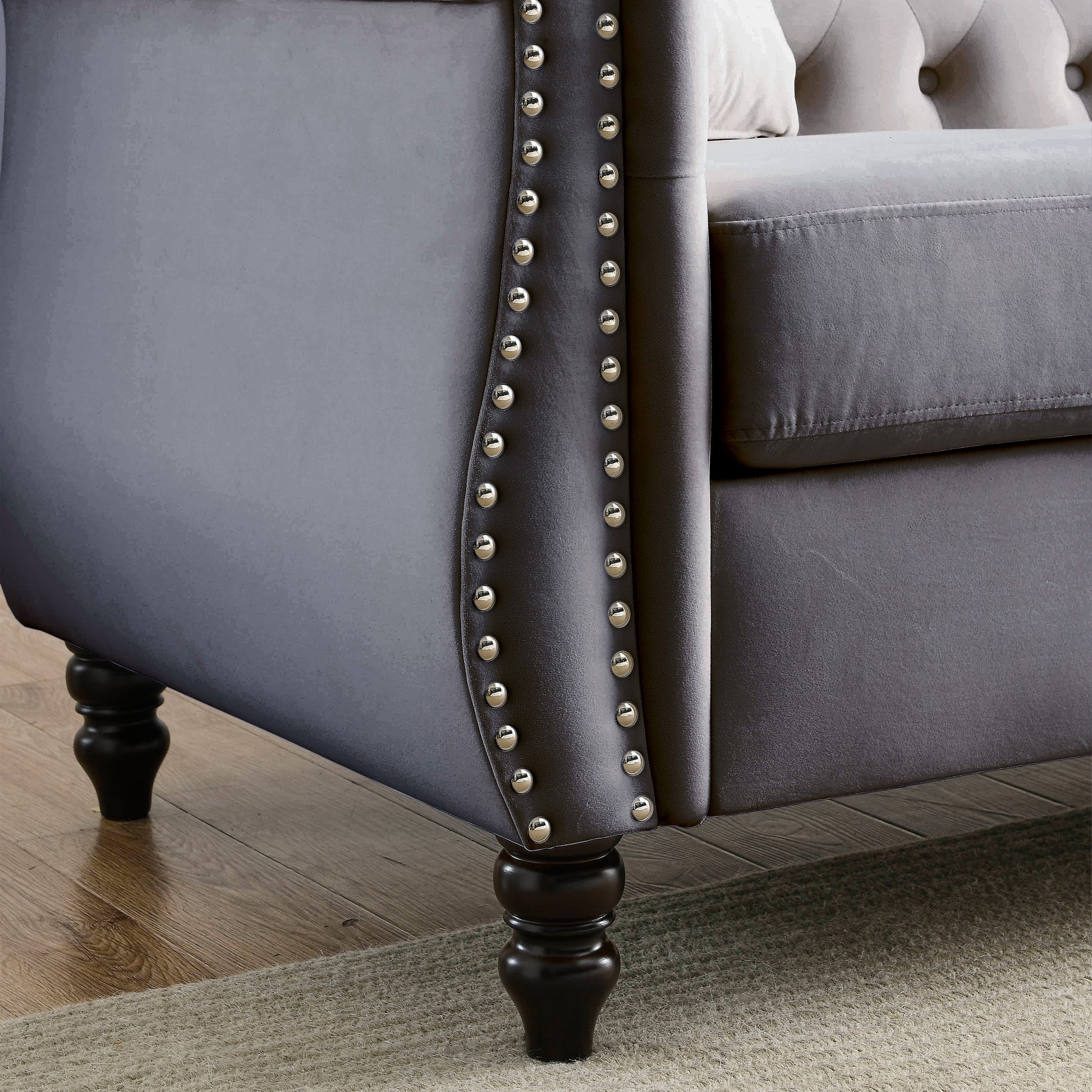Video 80" Chesterfield Sofa Grey Velvet For Living Room, 3 Seater Sofa Tufted Couch With Rolled Arms And For Living Room, Bedroom, Office, Apartment, Two Pillowsw834S00009 Grey Foam Velvet