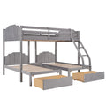 Full Over Twin & Twin Bunk Bed, Velvet Triple Bunk Bed With Drawers And Guardrails, Gray Gray Velvet