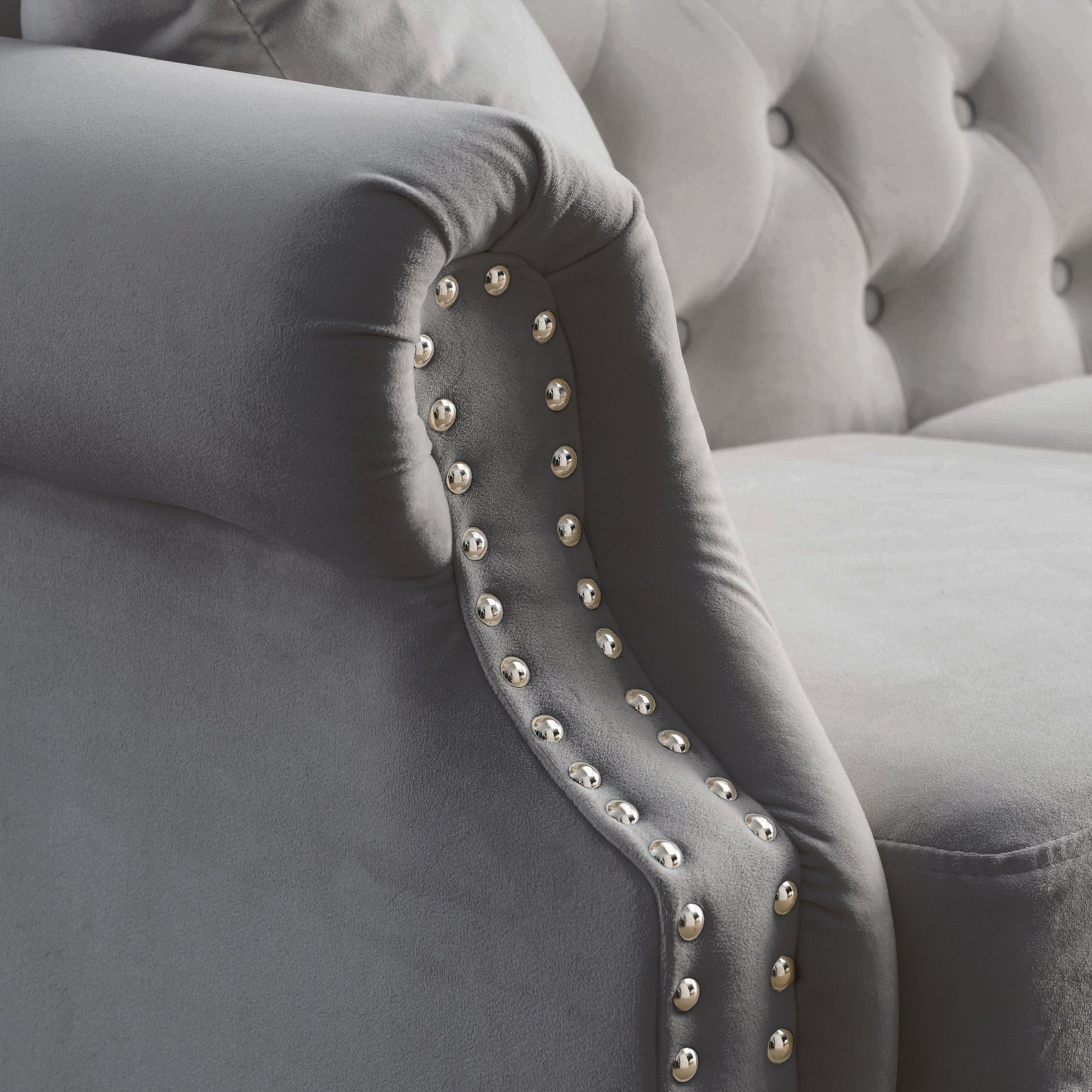 Video 79" Chesterfield Sofa Grey Velvet For Living Room, 3 Seater Sofa Tufted Couch With Rolled Arms And For Living Room, Bedroom, Office, Apartment, Two Pillowsw834S00012 Grey Foam Velvet