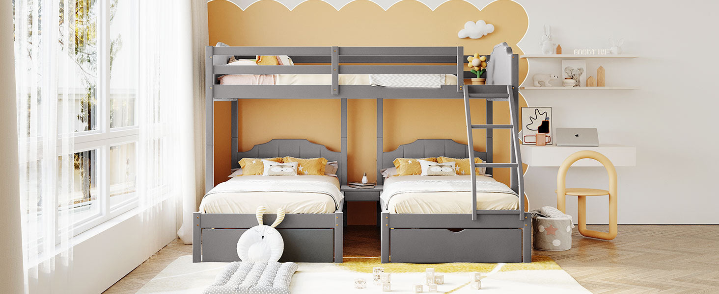 Full Over Twin & Twin Bunk Bed, Velvet Triple Bunk Bed With Drawers And Guardrails, Gray Gray Velvet