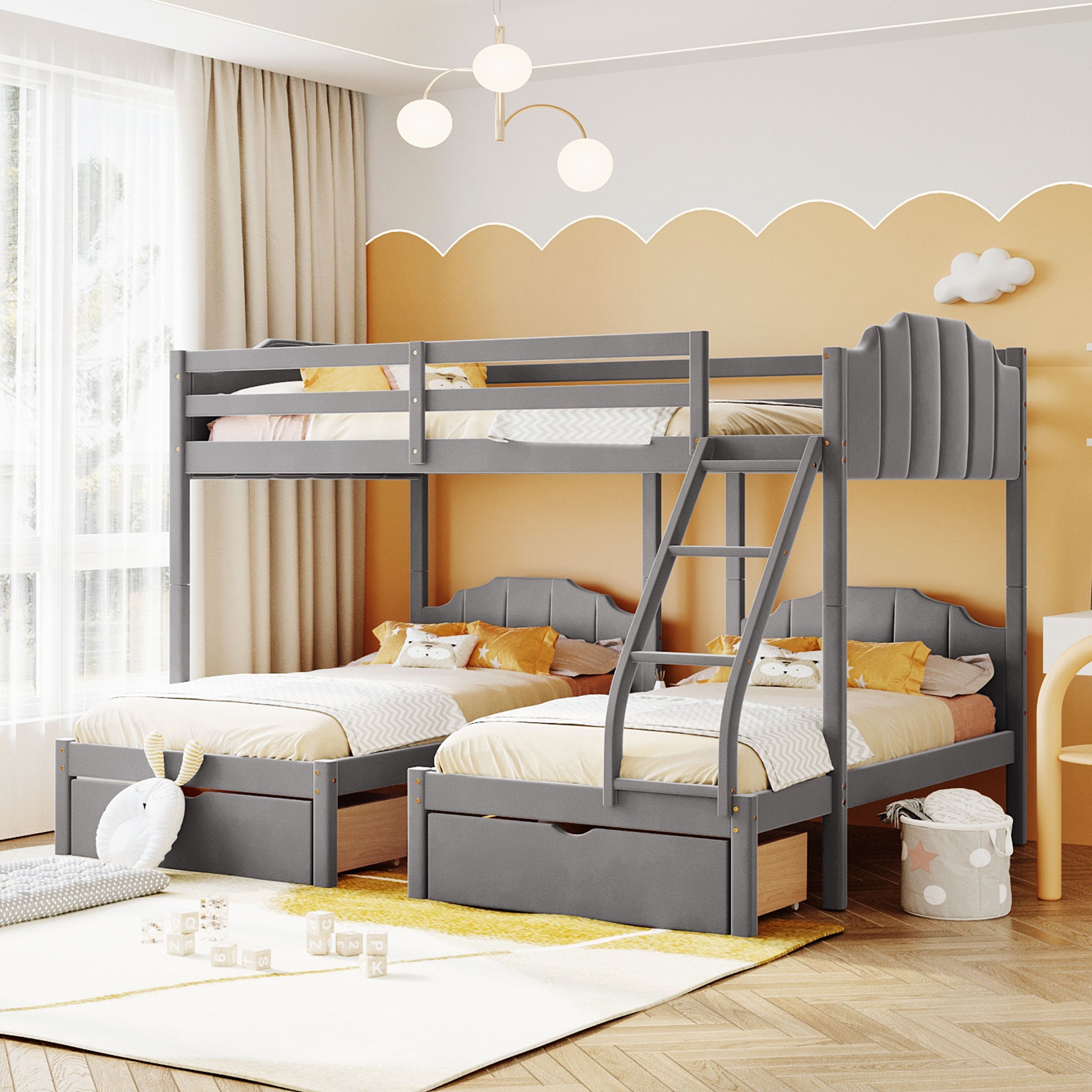 Full Over Twin & Twin Bunk Bed, Velvet Triple Bunk Bed With Drawers And Guardrails, Gray Gray Velvet