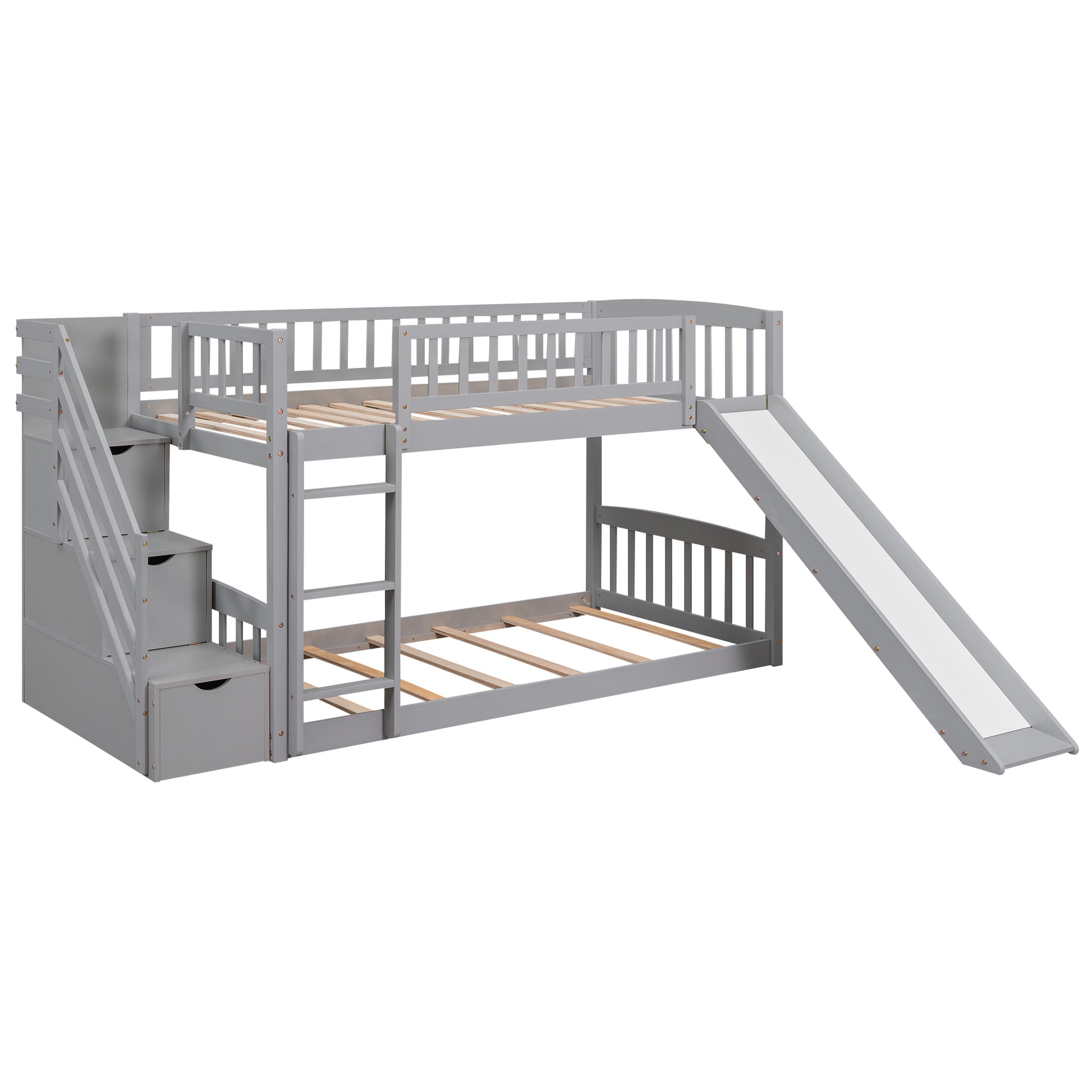 Stairway Twin Over Twin Bunk Bed With Two Drawers And Slide, Gray Old Sku :Lt000155Aae Gray Solid Wood