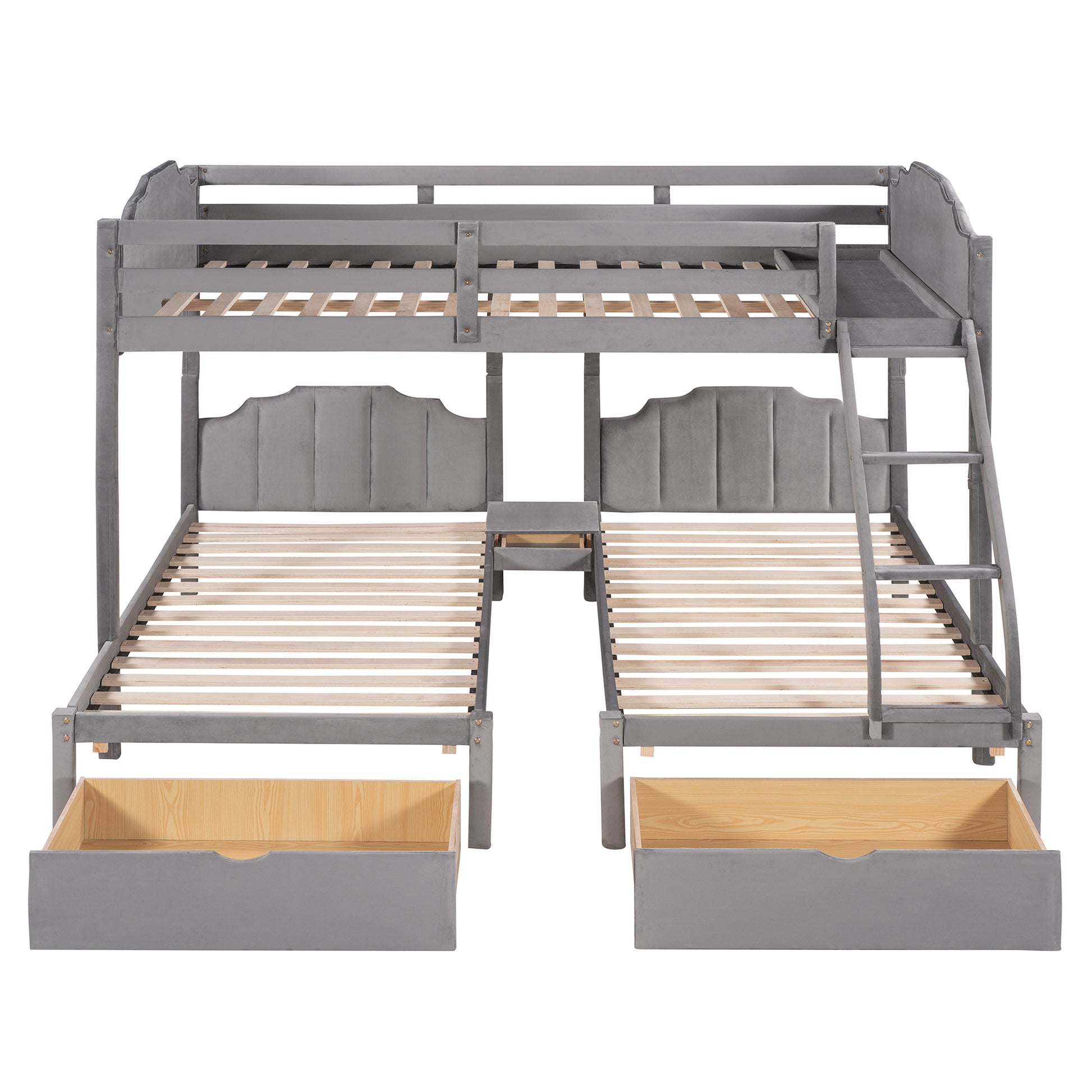 Full Over Twin & Twin Bunk Bed, Velvet Triple Bunk Bed With Drawers And Guardrails, Gray Gray Velvet