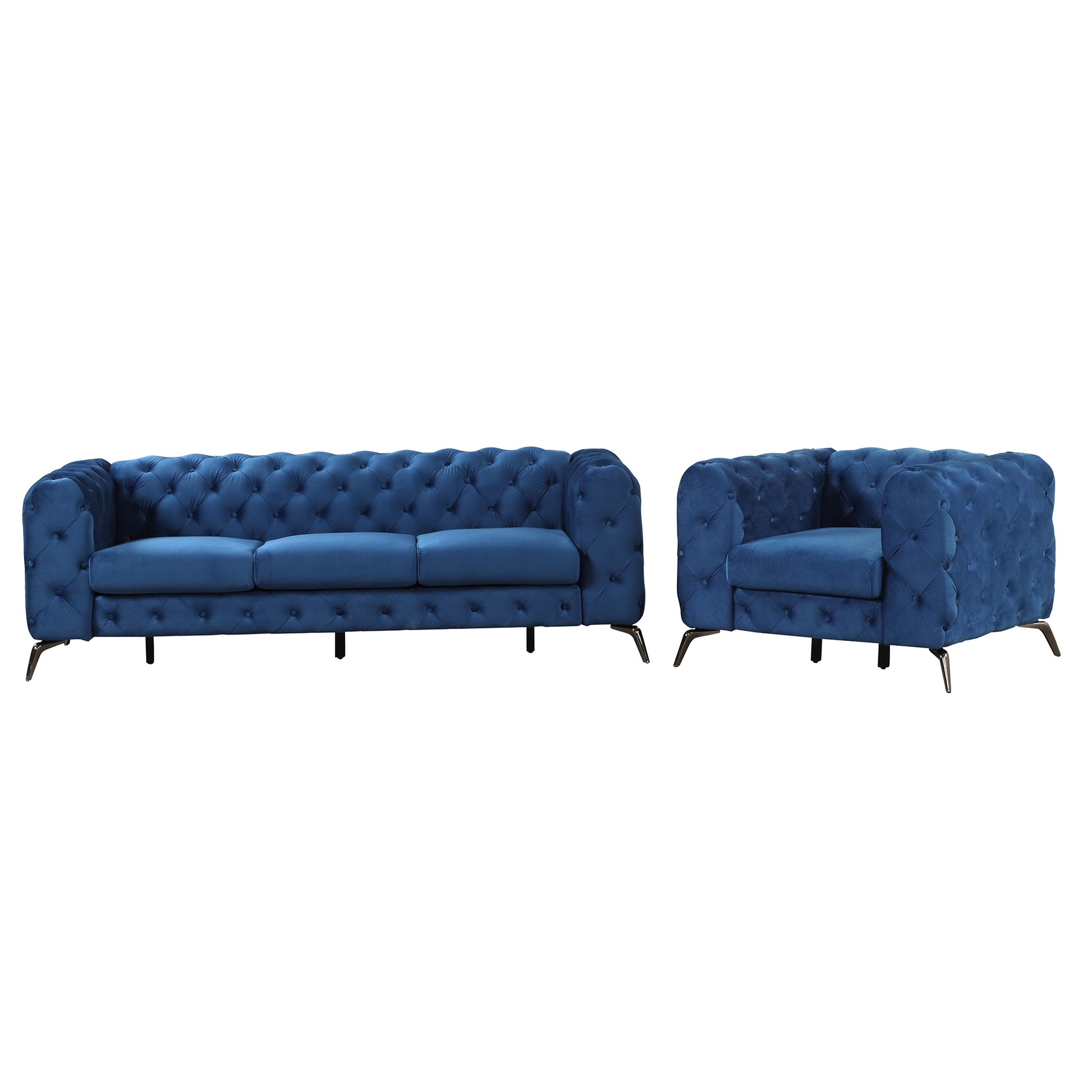 Modern 3 Piece Sofa Sets With Sturdy Metal Legs,Velvet Upholstered Couches Sets Including Three Seat Sofa, Loveseat And Single Chair For Living Room Furniture Set,Blue Blue Foam Velvet 6 Seat