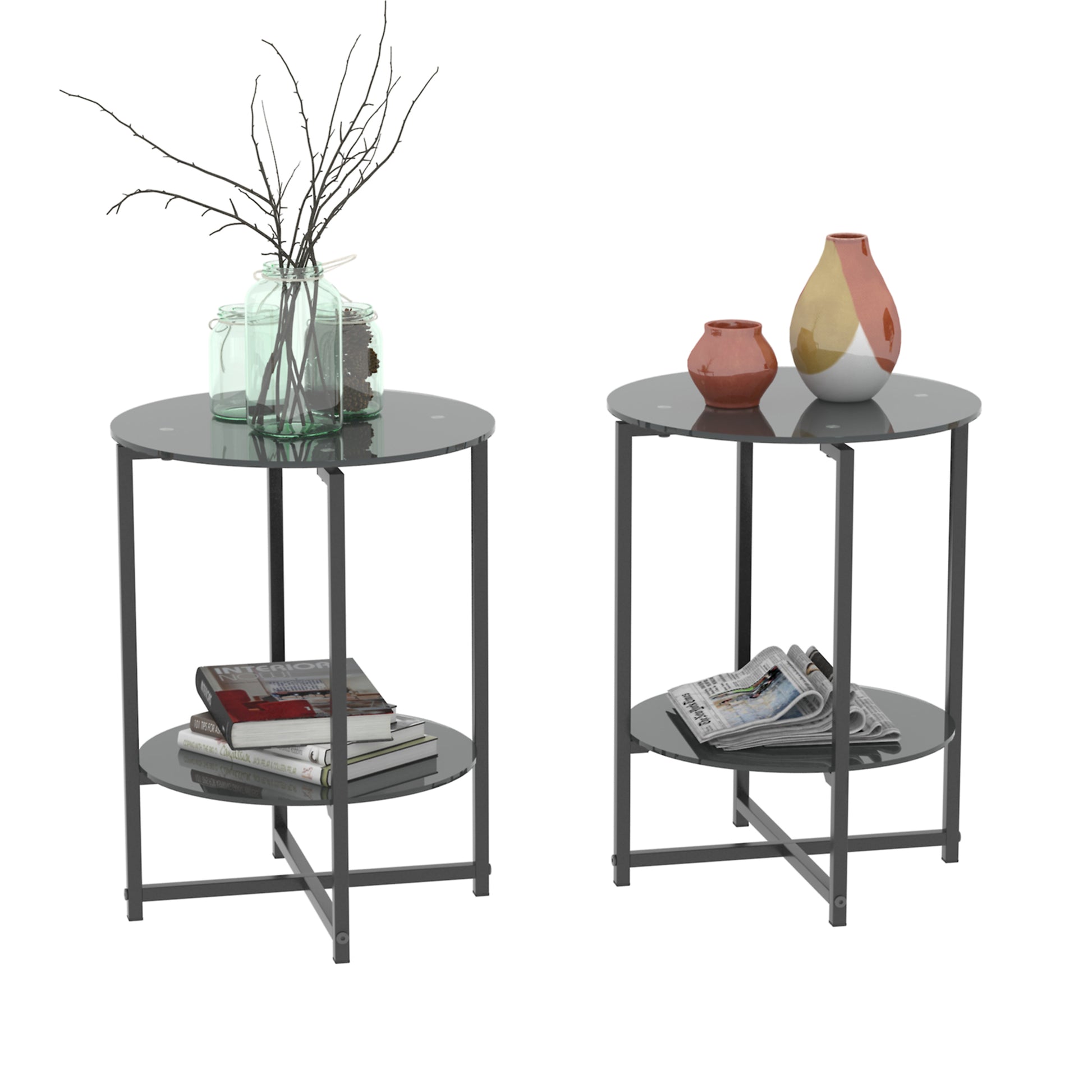 2 Piece Set Black Tempered Glass End Table, Round Coffee Table For Bedroom Living Room Office Black Glass