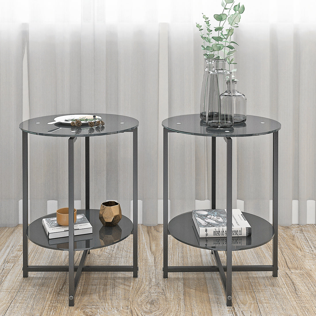 2 Piece Set Black Tempered Glass End Table, Round Coffee Table For Bedroom Living Room Office Black Glass