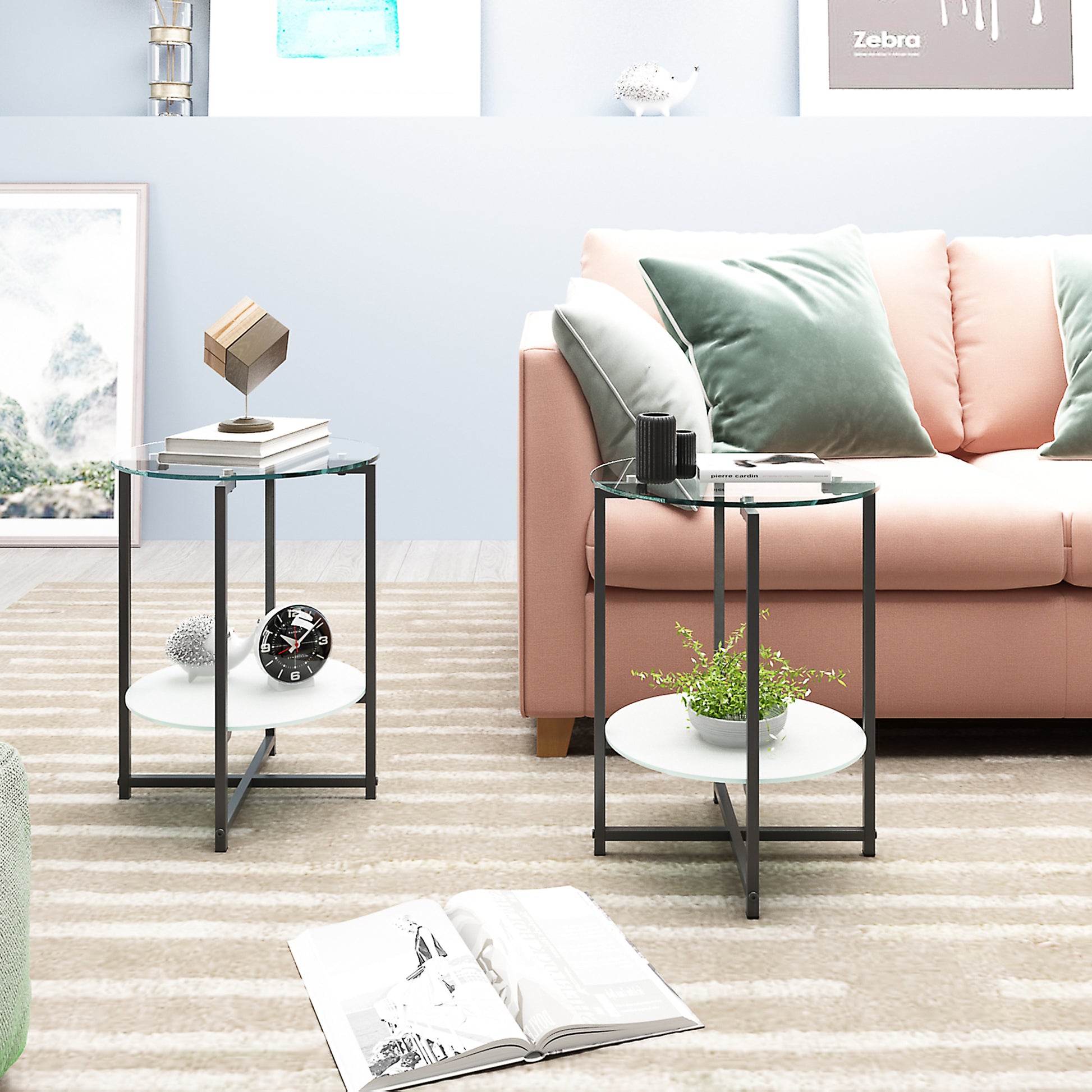 2 Piece Set Clear Tempered Glass End Table, Round Coffee Table For Bedroom Living Room Office Transparent Glass