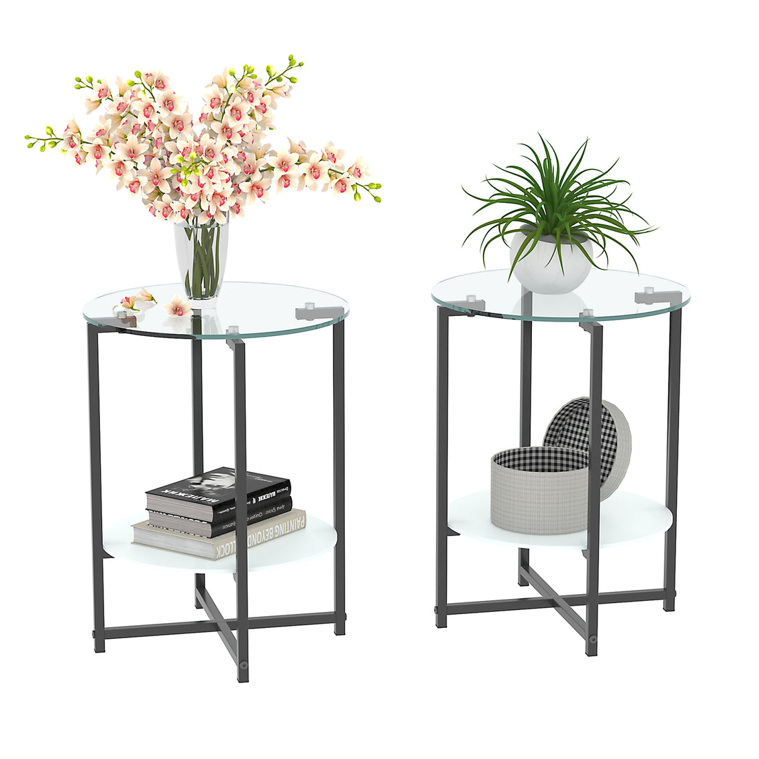 2 Piece Set Clear Tempered Glass End Table, Round Coffee Table For Bedroom Living Room Office Transparent Glass