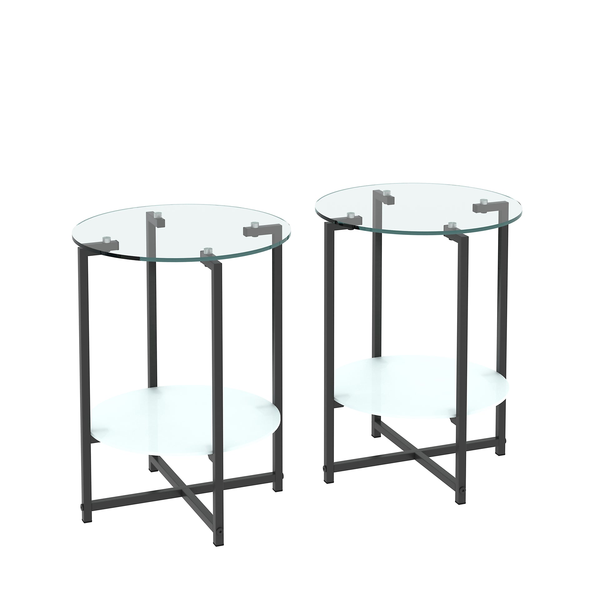 2 Piece Set Clear Tempered Glass End Table, Round Coffee Table For Bedroom Living Room Office Transparent Glass