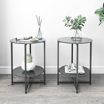 2 Piece Set Black Tempered Glass End Table, Round Coffee Table For Bedroom Living Room Office Black Glass