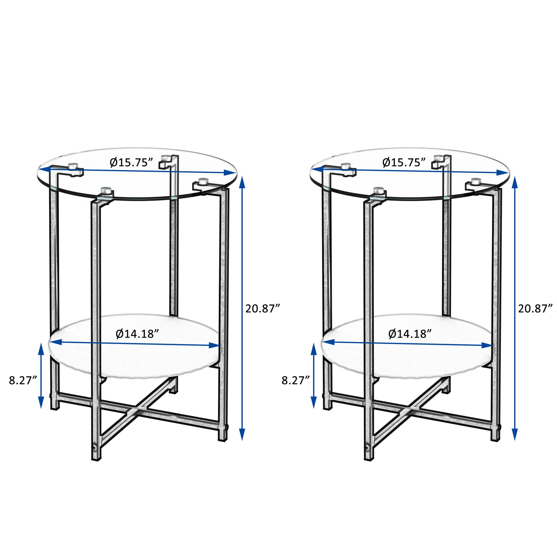 2 Piece Set Clear Tempered Glass End Table, Round Coffee Table For Bedroom Living Room Office Transparent Glass
