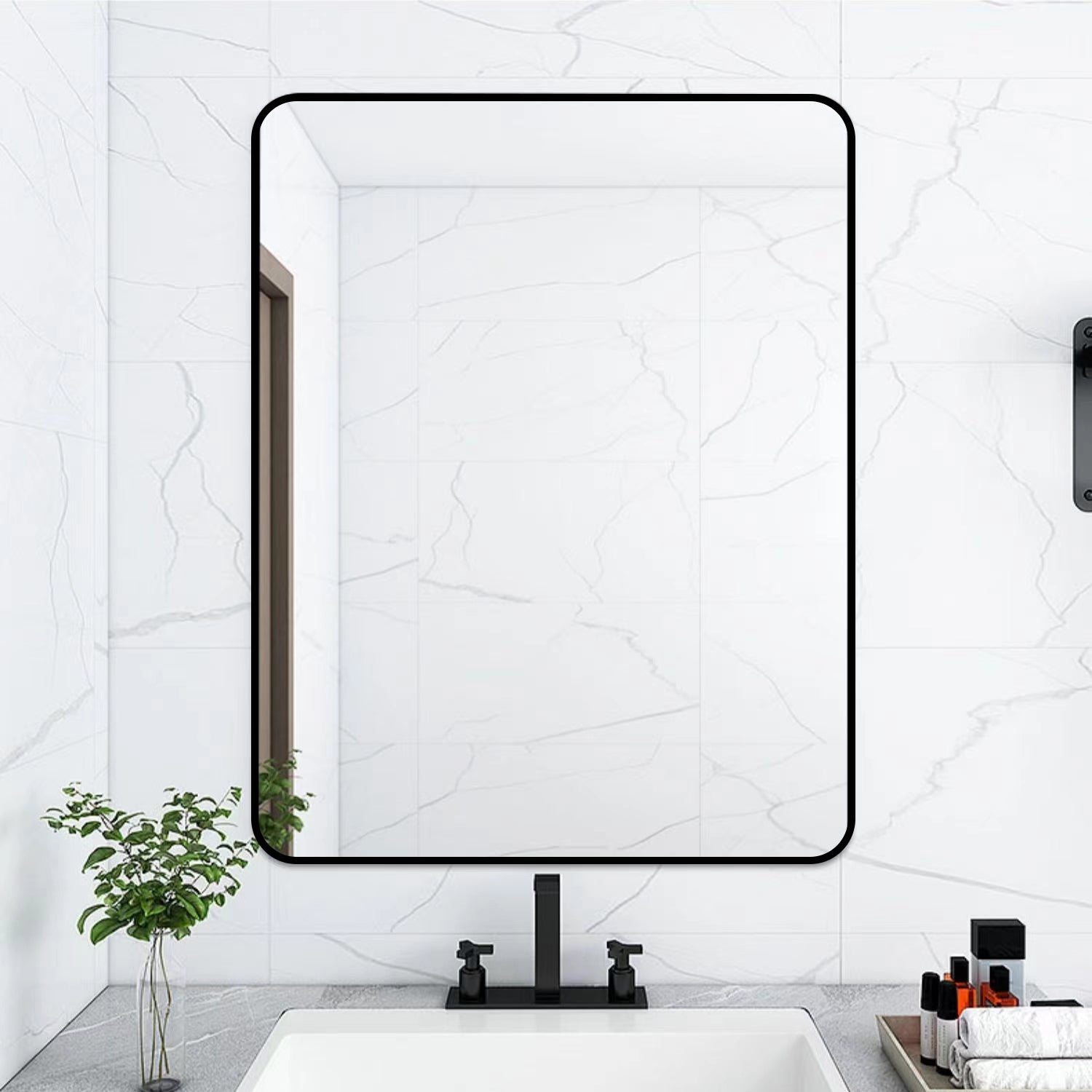 32 X 24 Inch Black Bathroom Mirror For Wall Vanity Mirror With Non Rusting Aluminum Alloy Metal Frame Rounded Corner For Modern Farmhouse Home Decor Black Modern Aluminium