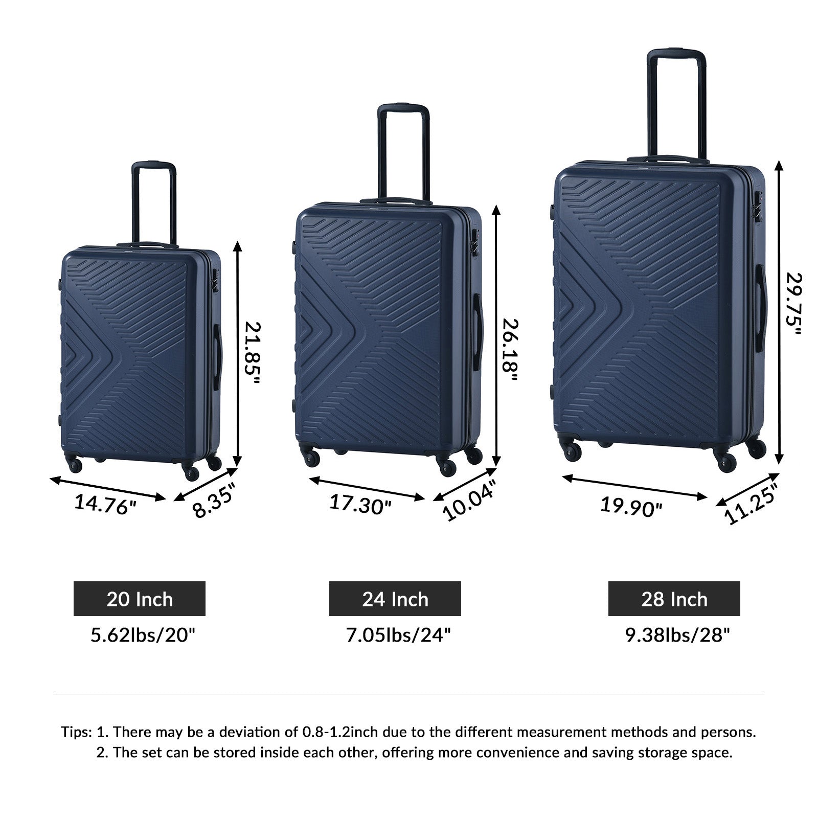 3 Piece Luggage Sets Abs Lightweight Suitcase With Two Hooks, Spinner Wheels, Tsa Lock, 20 24 28 Navy Navy Abs