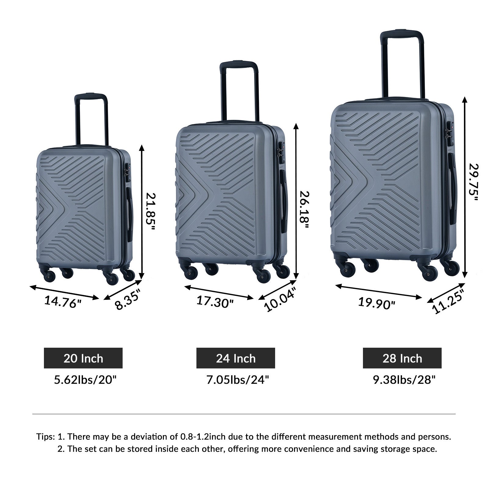 3 Piece Luggage Sets Abs Lightweight Suitcase With Two Hooks, Spinner Wheels, Tsa Lock, 20 24 28 Gray Gray Abs