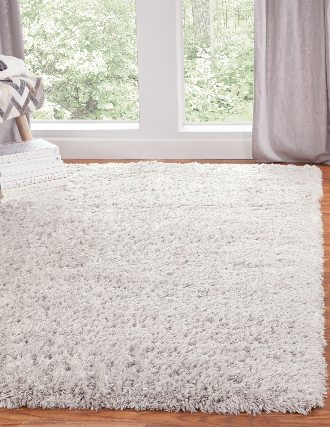 White Area Shag Rug 5X8 White Polyester