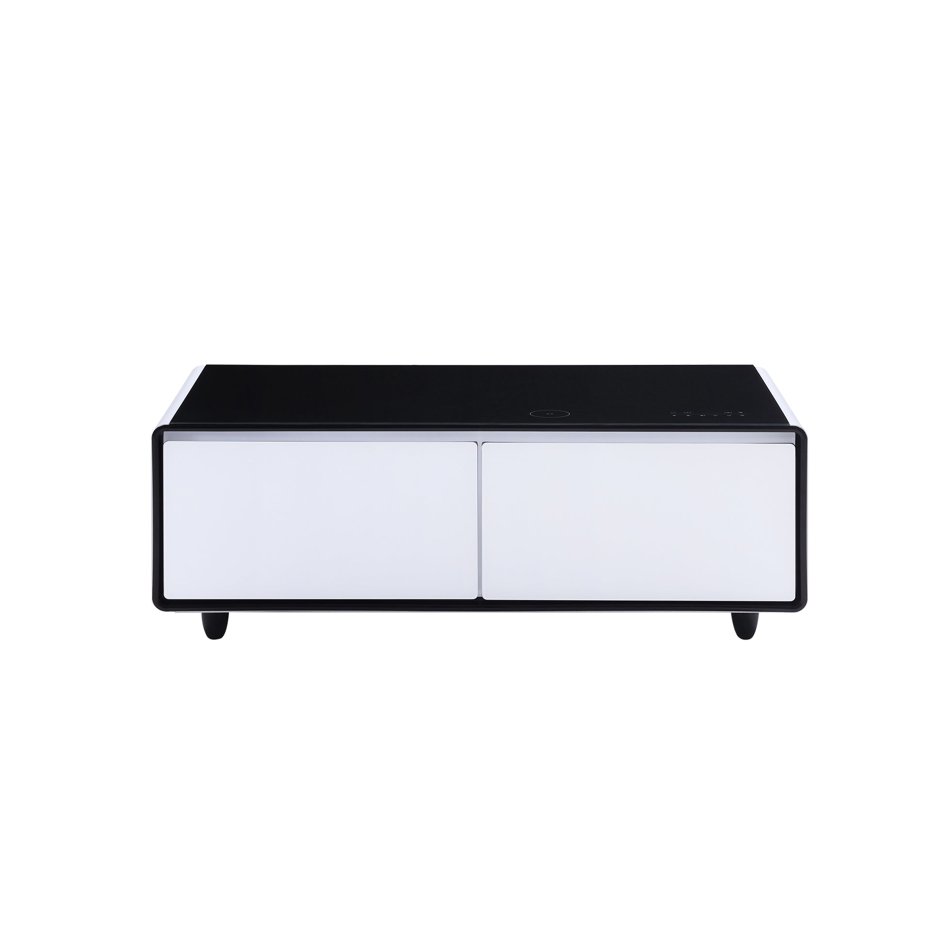 Modern Smart Coffee Table With Built In Fridge, Bluetooth Speaker, Wireless Charging Module, Touch Control Panel, Power Socket, Usb Interface, Outlet Protection, Atmosphere Light, White White Black Built In Outlets Or Usb Primary Living Space