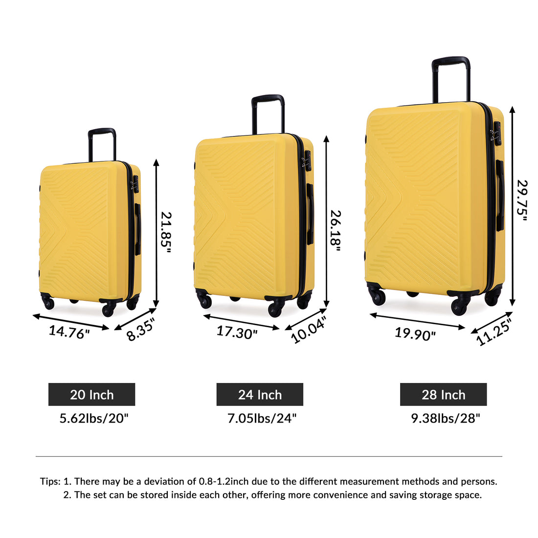 3 Piece Luggage Sets Abs Lightweight Suitcase With Two Hooks, Spinner Wheels, Tsa Lock, 20 24 28 , Yellow Yellow Abs