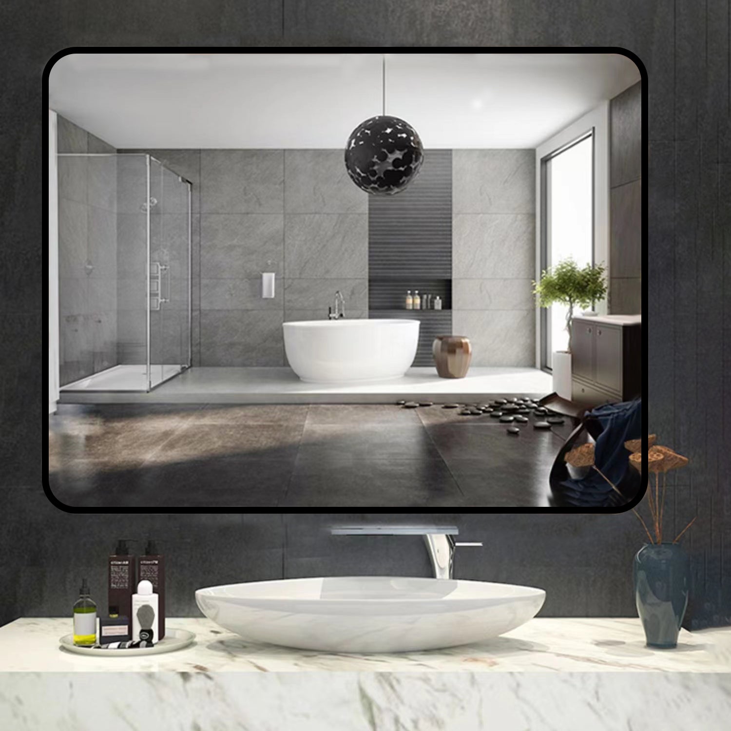 32 X 24 Inch Black Bathroom Mirror For Wall Vanity Mirror With Non Rusting Aluminum Alloy Metal Frame Rounded Corner For Modern Farmhouse Home Decor Black Modern Aluminium