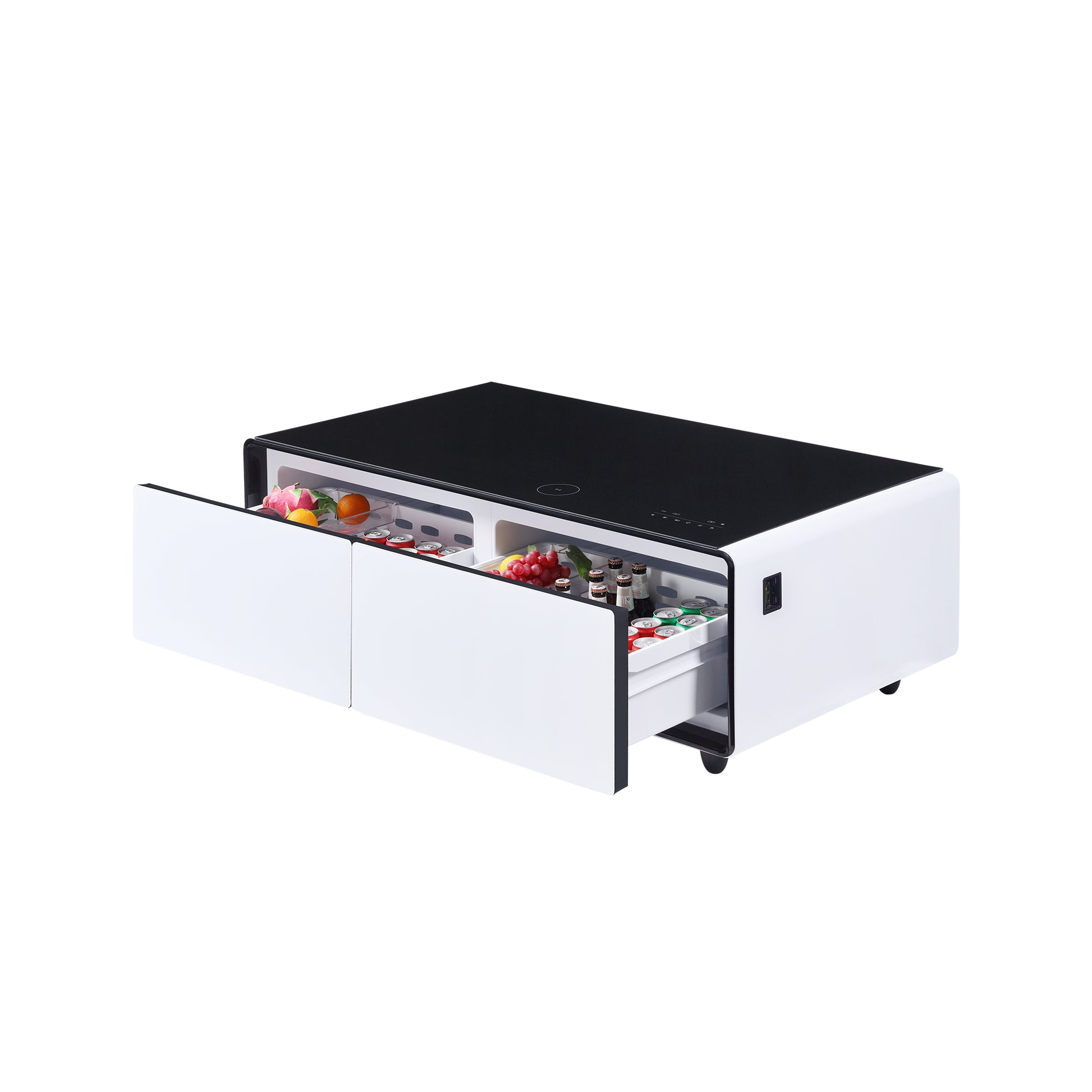 Modern Smart Coffee Table With Built In Fridge, Bluetooth Speaker, Wireless Charging Module, Touch Control Panel, Power Socket, Usb Interface, Outlet Protection, Atmosphere Light, White White Black Built In Outlets Or Usb Primary Living Space