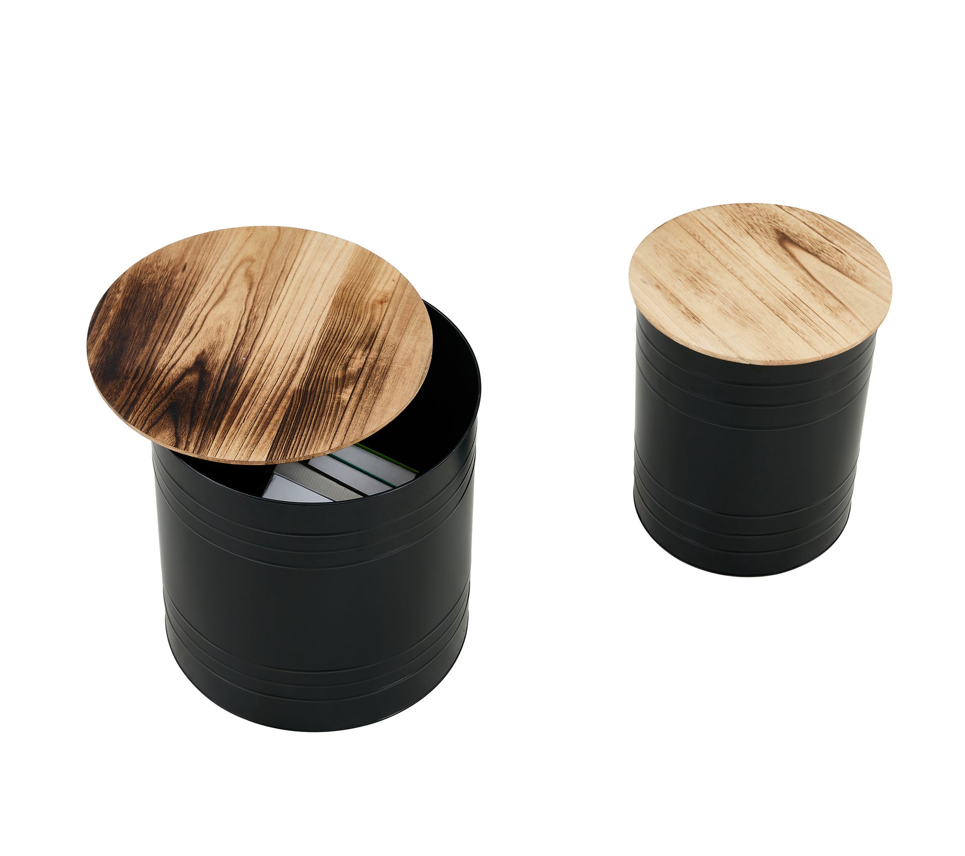 Farmhouse Rustic Distressed Metal Accent Cocktail Table With Wood Top Blk, Set Of 2 Black Steel