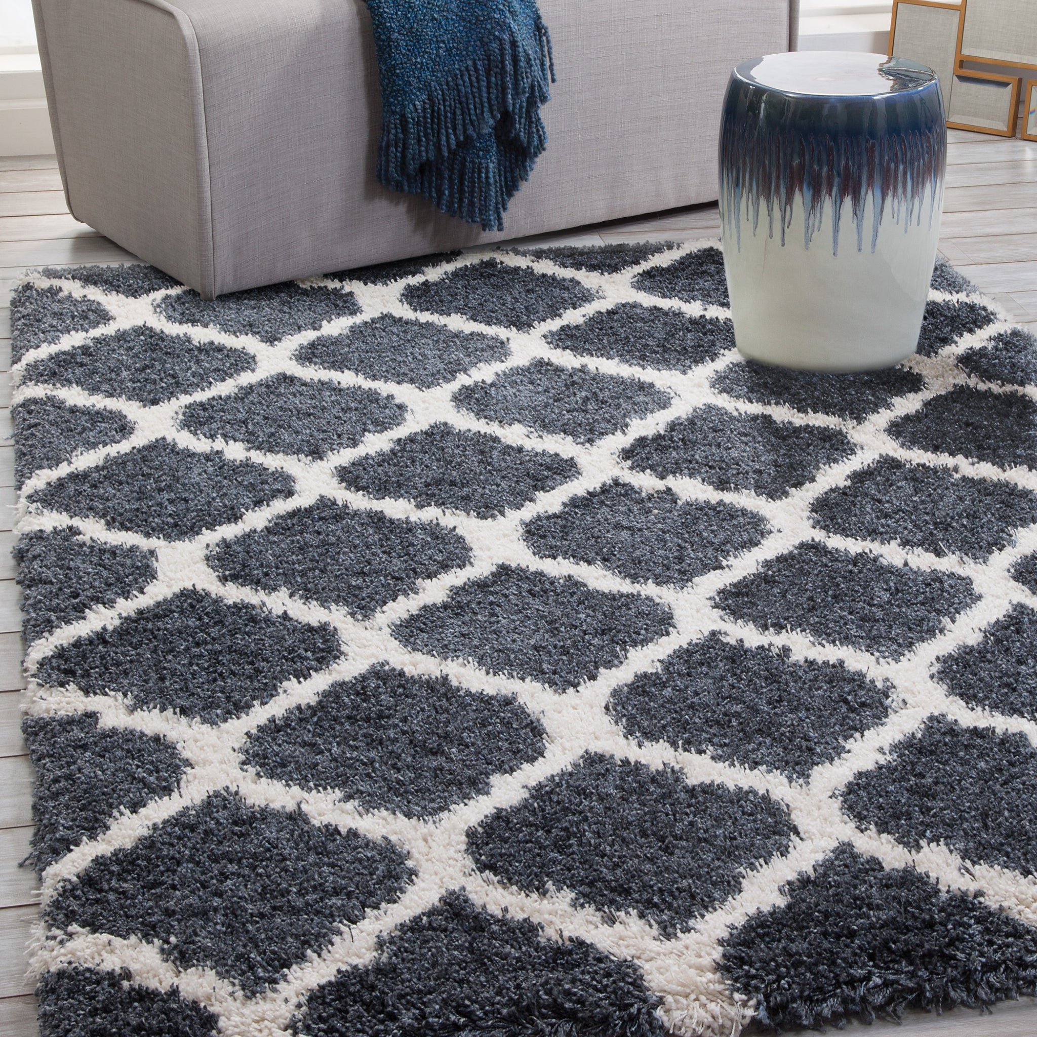 Shag Blue White Area Rug 5X8 Blue Olefin