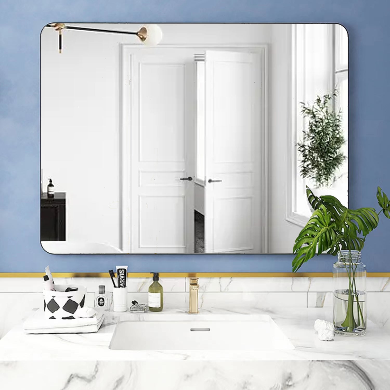 32 X 24 Inch Black Bathroom Mirror For Wall Vanity Mirror With Non Rusting Aluminum Alloy Metal Frame Rounded Corner For Modern Farmhouse Home Decor Black Modern Aluminium