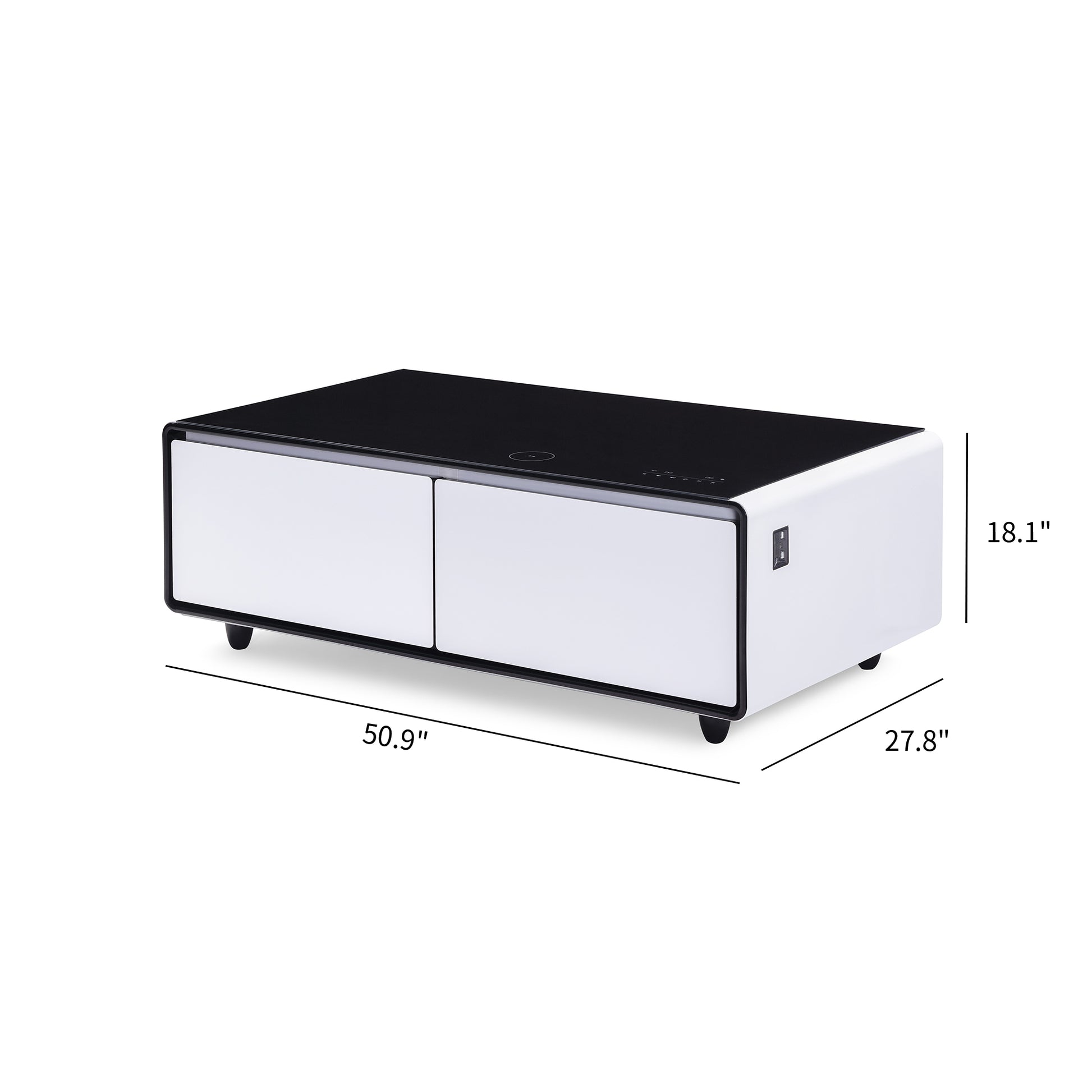 Modern Smart Coffee Table With Built In Fridge, Bluetooth Speaker, Wireless Charging Module, Touch Control Panel, Power Socket, Usb Interface, Outlet Protection, Atmosphere Light, White White Black Built In Outlets Or Usb Primary Living Space