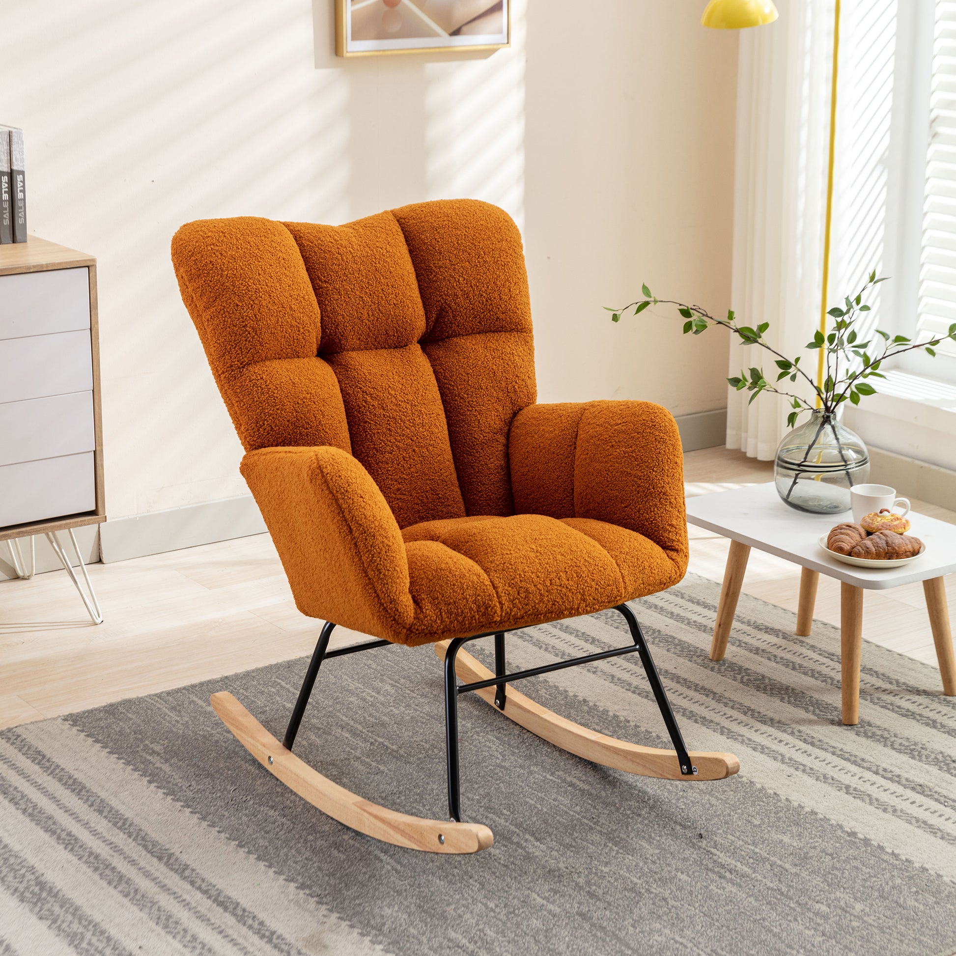 Mid Century Modern Teddy Fabric Tufted Upholstered Rocking Chair Padded Seat For Living Room Bedroom,Caramel Caramel Foam Wool