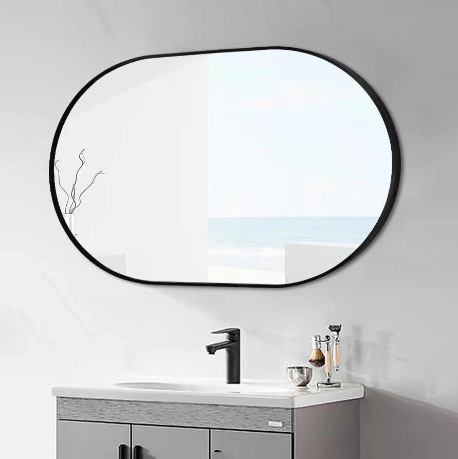 Wall Mounted Mirror 36"X18" Oval Bathroom Mirror Black Vanity Wall Mirror Pre Set Hooks For Vertical Or Horizontal Hang Ideal For Bedroom,Bathroom Black Modern Aluminium