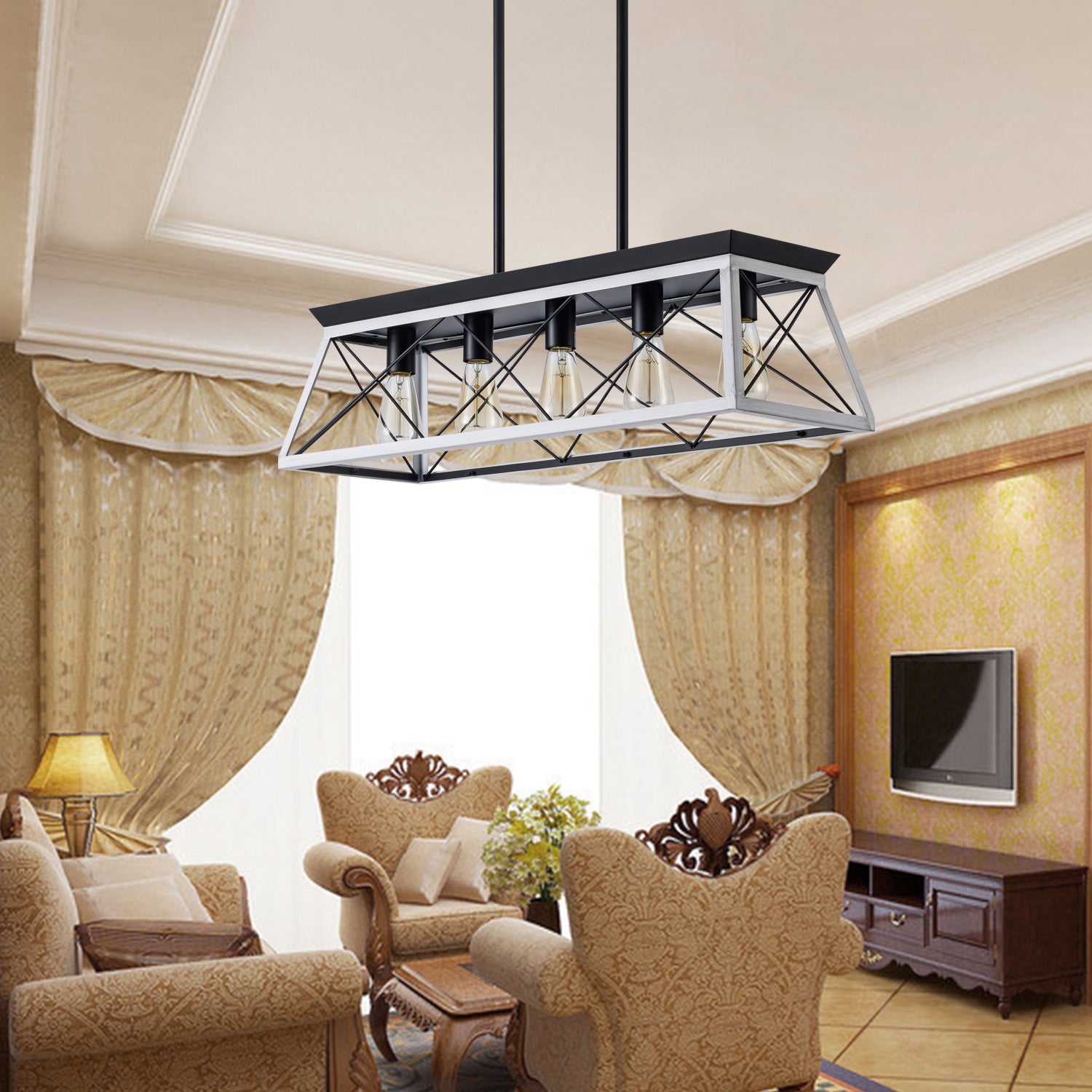 Same As W134065438 L1001 5 Light Farmhouse Chandeliers For Dining Room White No Bulbs White Black Iron,Wood