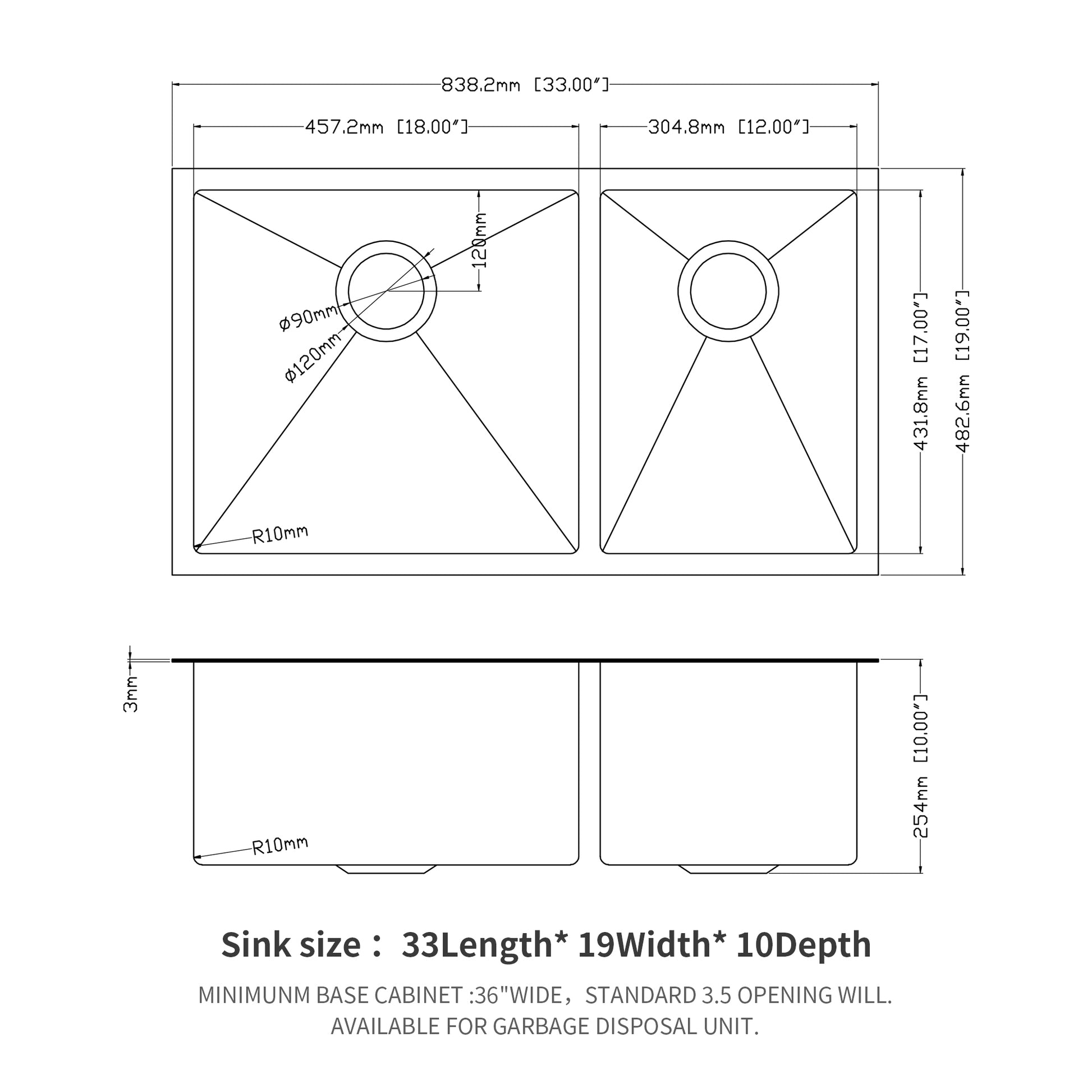 Double Bowl 60 40 Undermount Sink 33"X19" Gunmetal Black Double Bowl Kitchen Sink 16 Gauge With Two 10" Deep Basin Gunmetal Black Stainless Steel