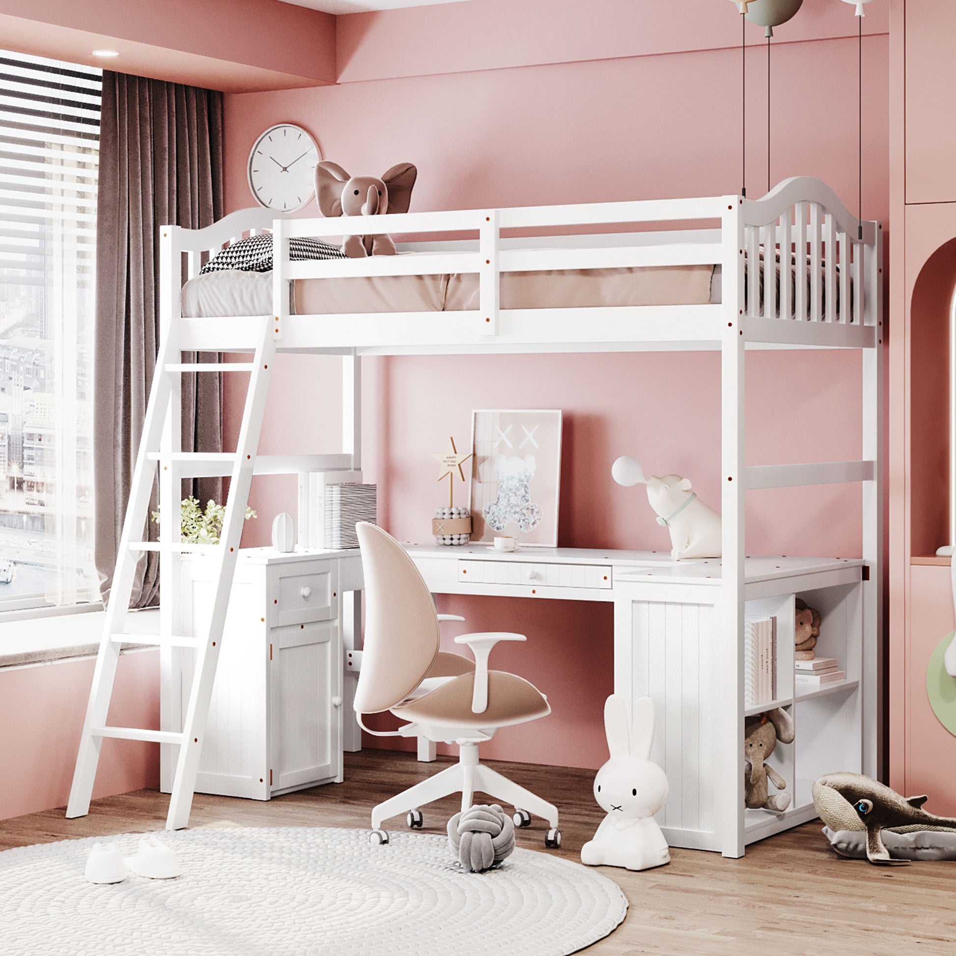 Twin Size Loft Bed With Drawers, Cabinet, Shelves And Desk, Wooden Loft Bed With Desk White Old Sku :Lt000505Aak White Solid Wood